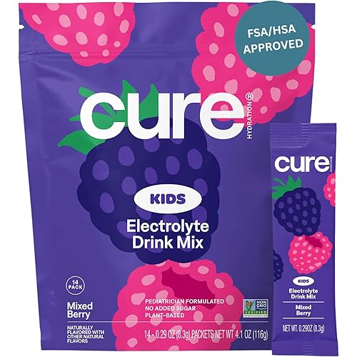 Cure Hydration - Kids Electrolyte Drink Mix | Plant-Based Pediatrician Formulated Rehydration | No Added Sugar, FSA-HSA, Non-GMO, Gluten-Free, No Artificial Flavors | 14 Packets - Mixed Berry