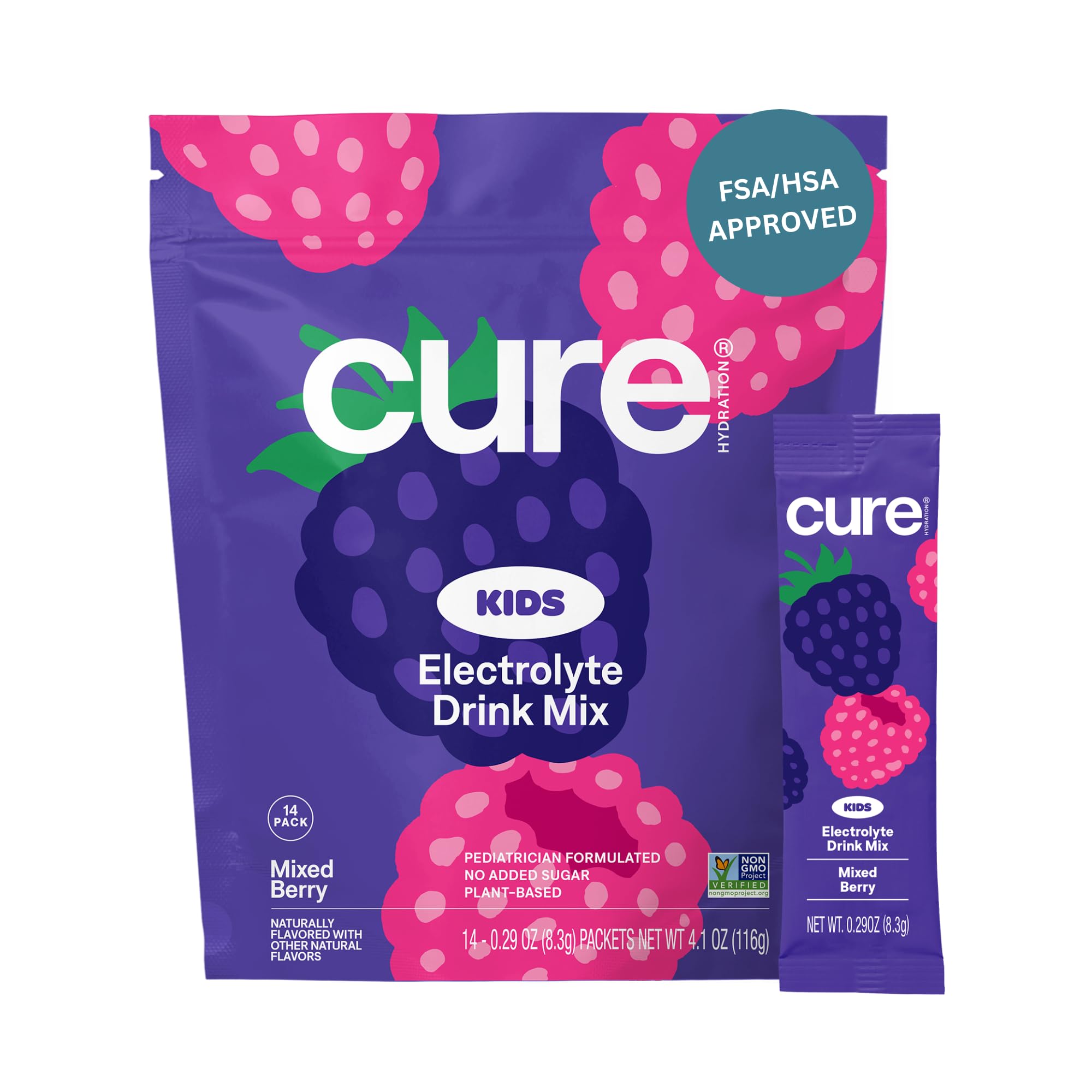 Cure Hydration - Kids Electrolyte Drink Mix | Plant-Based Pediatrician Formulated Rehydration | No Added Sugar, FSA-HSA, Non-GMO, Gluten-Free, No Artificial Flavors | 14 Packets - Mixed Berry