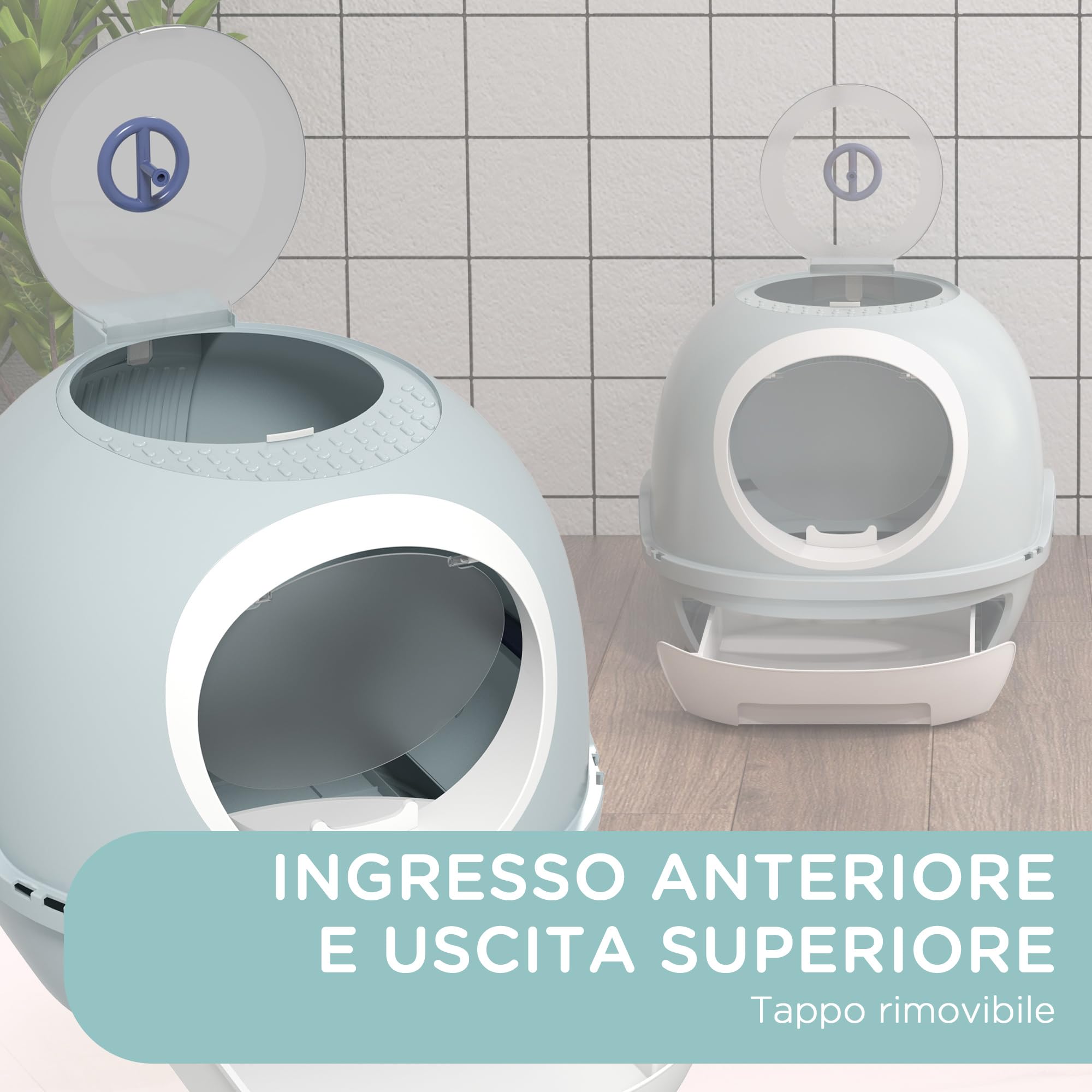 PawHut Lettiera per Gatti con Coperchio, Lettiera Gatto Chiusa con Vassoio Estraibile, 2 Ingressi e Paletta, 47x55x44cm, Azzurro