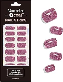 MelodySusie Qcoat Fully Cured Gel Nail Strips, Pink Glitter, UV Free, Salon Quality, Long Lasting Stickers, Includes 22 Nail Wraps, 2 Prep Pads