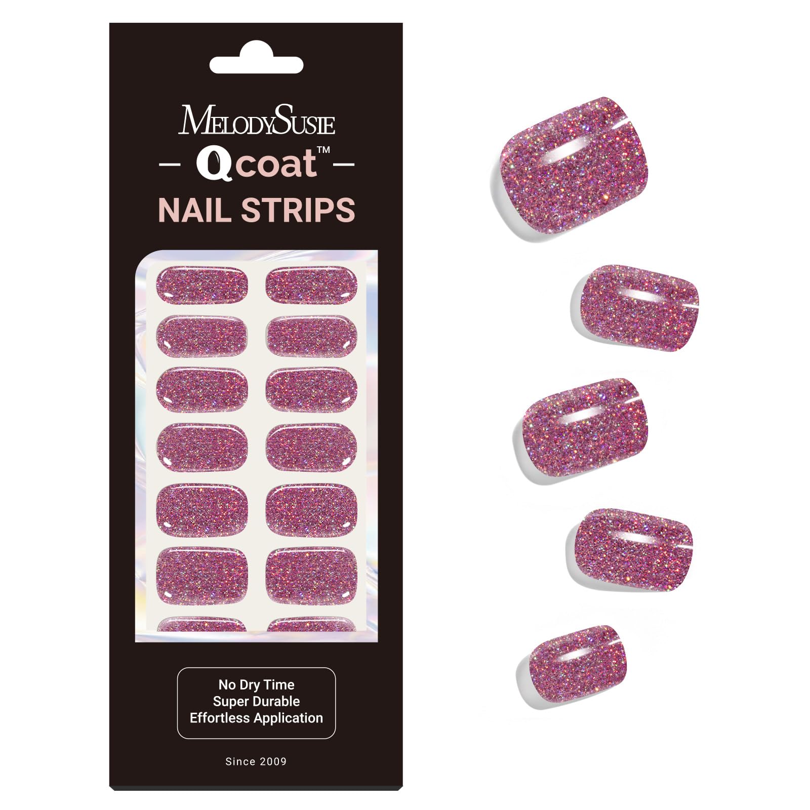 MelodySusie Qcoat Fully Cured Gel Nail Strips, Pink Glitter, UV Free, Salon Quality, Long Lasting Stickers, Includes 22 Nail Wraps, 2 Prep Pads