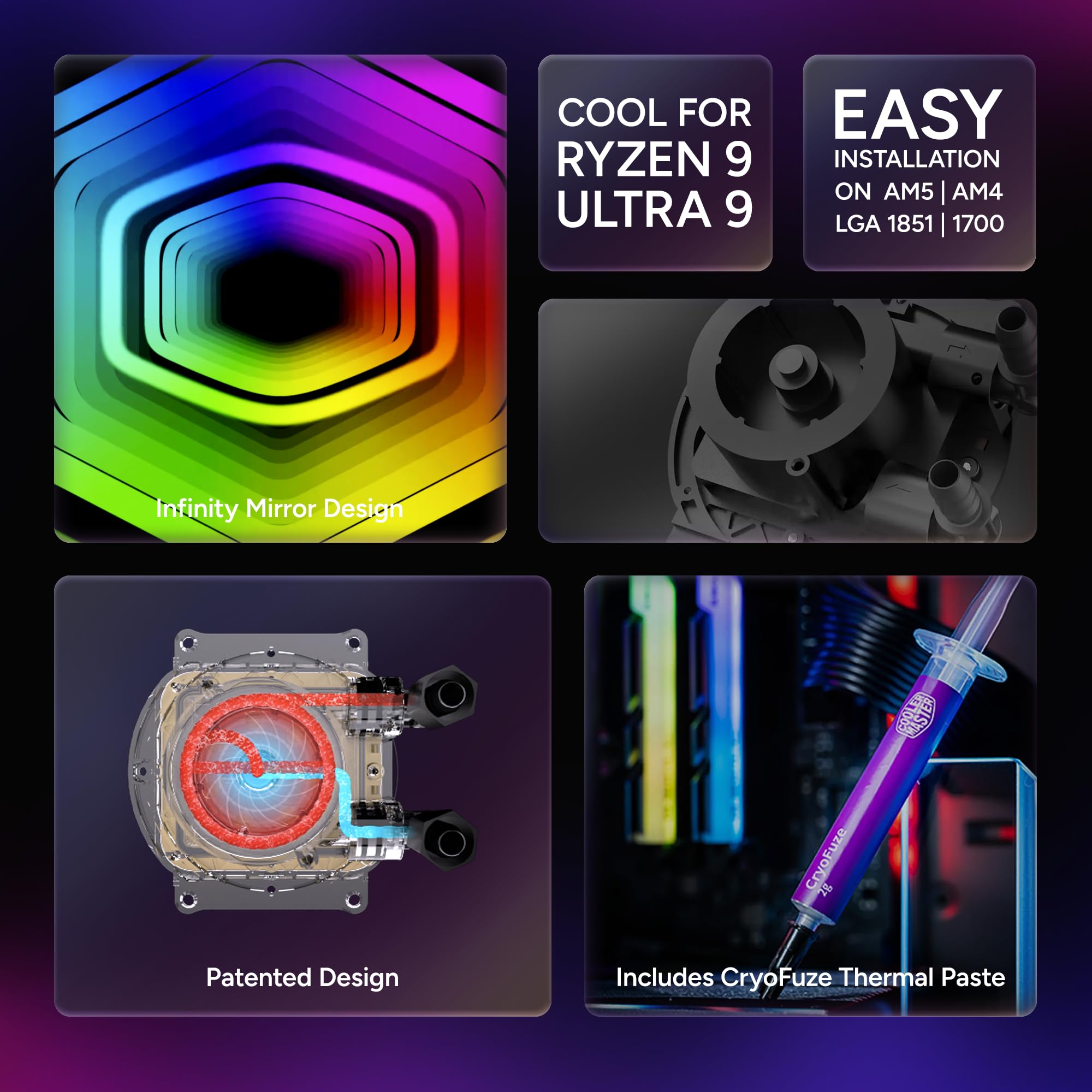 Cooler Master Chłodnica cieczy procesora 360 Core II AIO, R9|U9|i9, dwukomorowa pompa G9R, lustro nieskończoności aRGB, rura 400 mm, grzejnik 360 mm, wentylator PWM 120 mm, AMD Ryzen AM5|4, Intel LGA