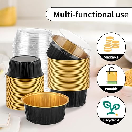 Miniatura 4 de ylnurac Paquete de 100 tazas de aluminio para hornear con tapas y cucharas, tazas de postre de 5 onzas, mini moldes para pasteles con tapas para