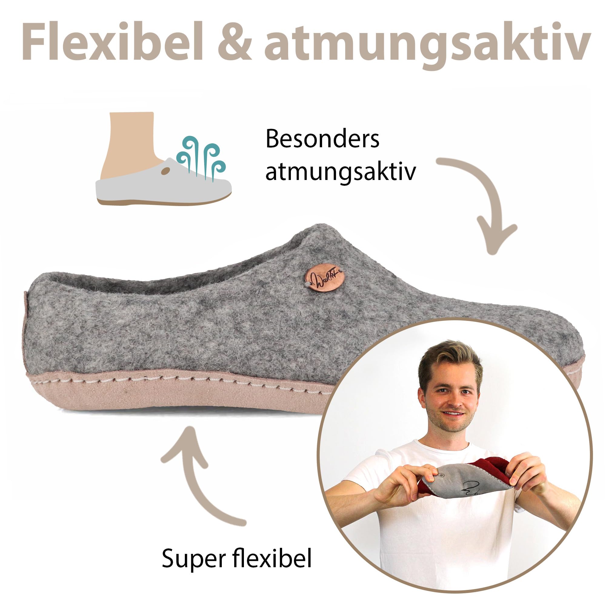Footprint Barfuß-Hausschuhe unisex Filz-Pantoffeln mit Ledersohle, nachhaltig aus 100% Wolle