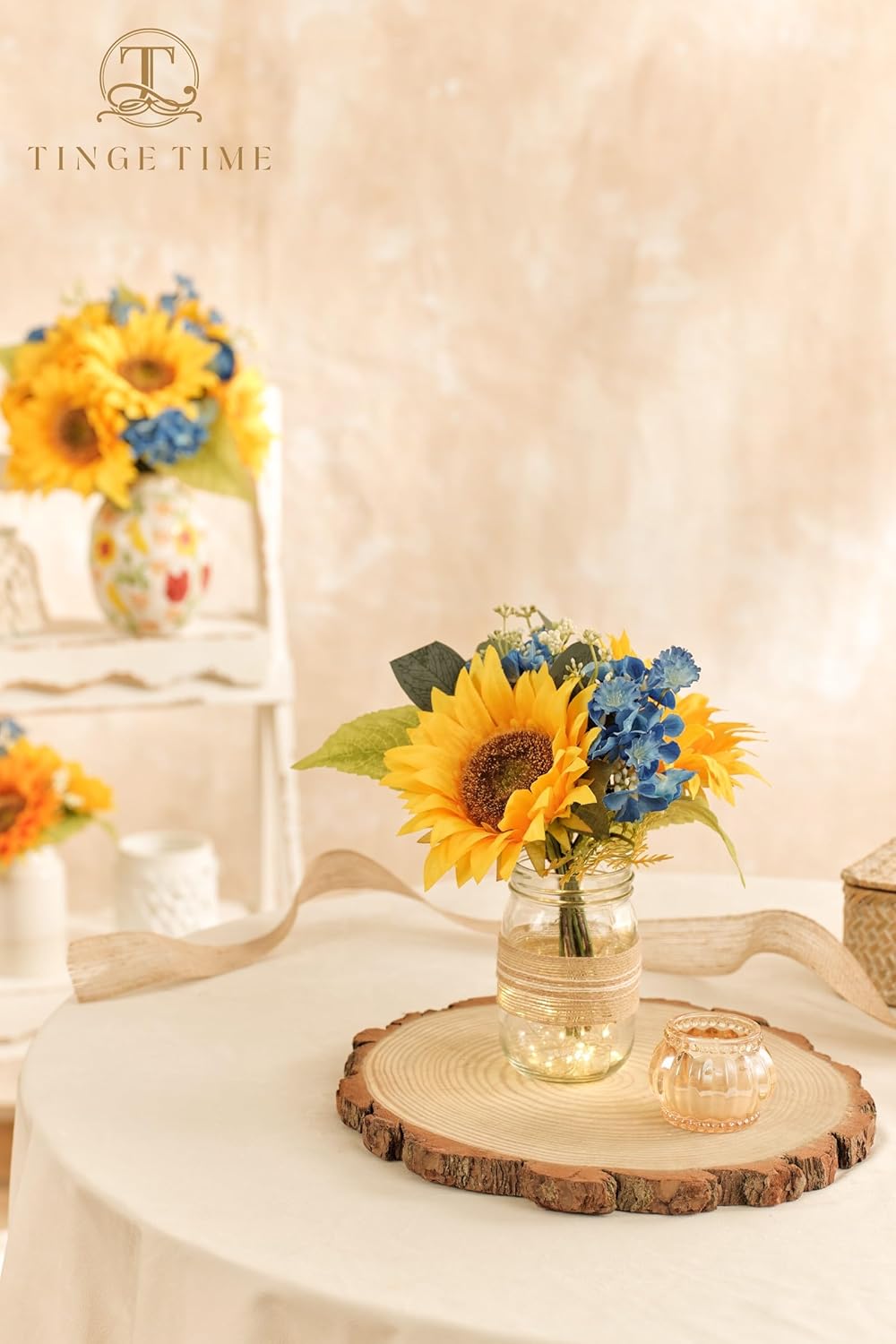 TINGE TIME 9 PCS Artificial Flowers, 5.9in Fake Yellow Sunflowers w/Stem, Silk Sunflowers Bulk for Home DIY Wedding Bouquet Party Centerpiece Kitchen Decoration