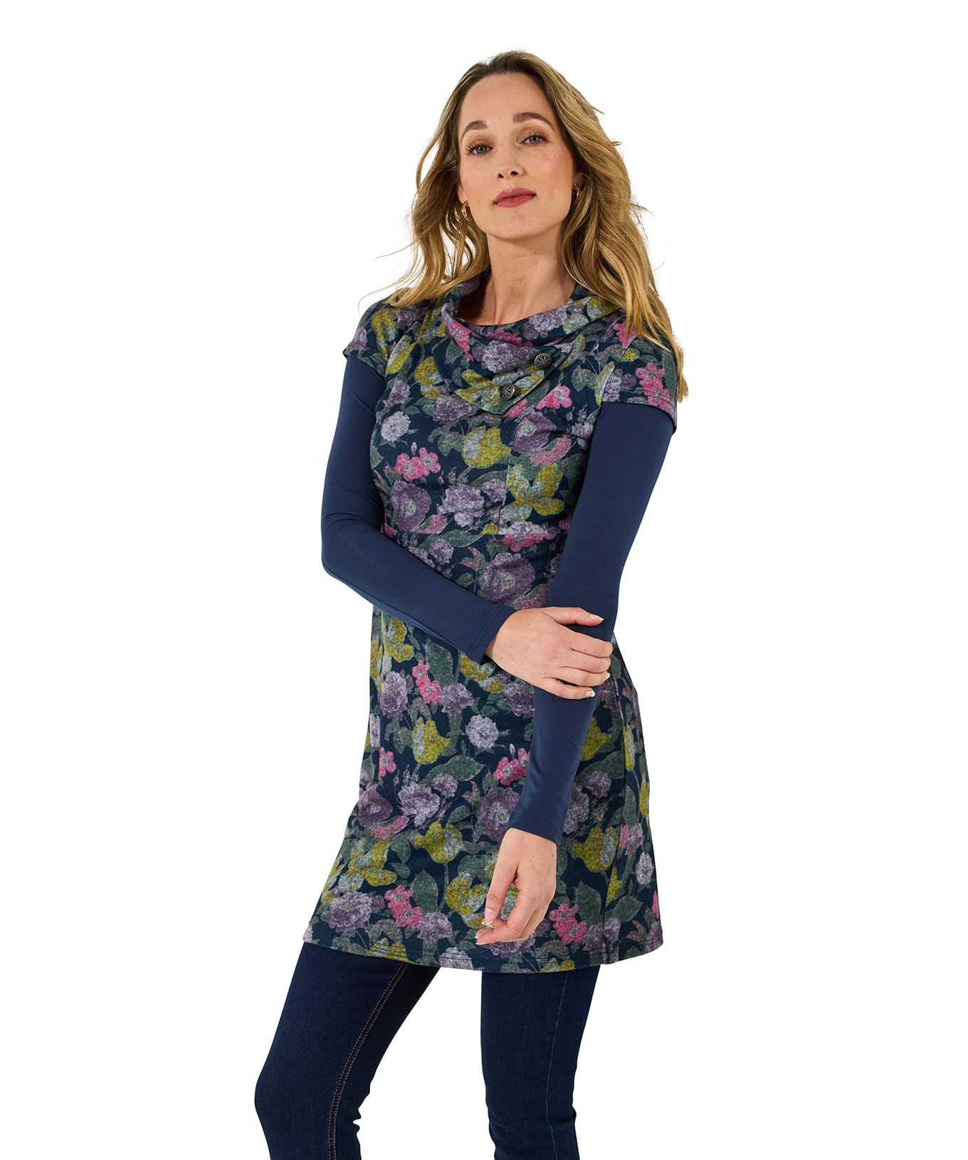 Joe Browns Women's Floral Print Stretch Jacquard Roll-Neck Layered Tunic Top, Regular, Blue, UK 8