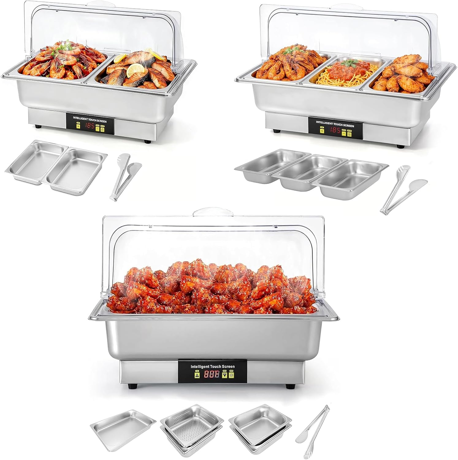 Dyna-Living Electric Chafing Dishes for Buffet, 1/2 Half Size Pans + 1/3 Size Pans + 1/1 Full Size & Half Size Pans Electric Chafing Dish Buffet Set, 600W Stainless Steel Food Servers and Warmers