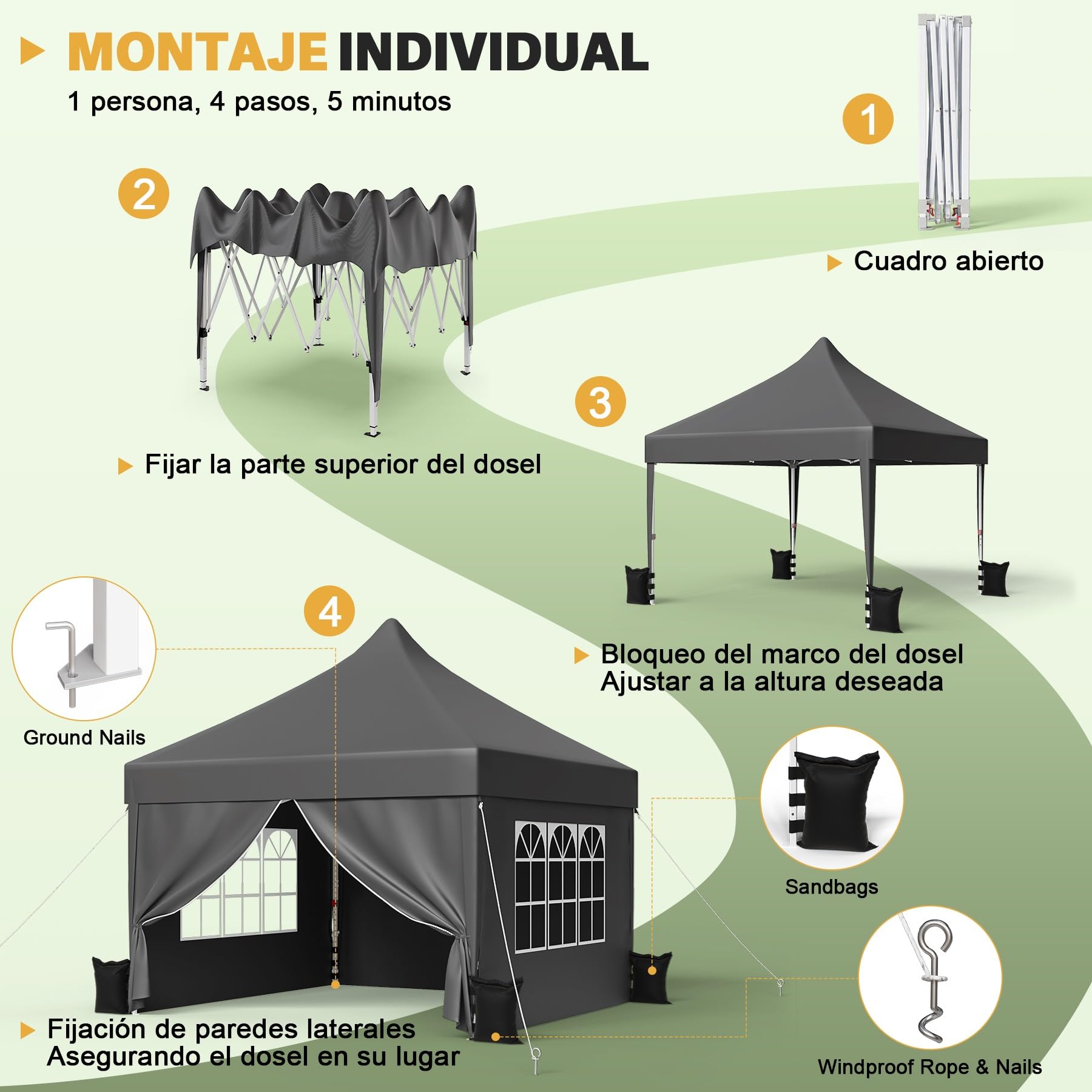 DEVOKO Carpa Plegable 3x3 Playa, Carpa Exteriores Plegables, Tenda Campismo | Techo alto 3.15m, de pie. Forma cónica antiviento. Lona 210D UV50+. Estructura reforzada. Ventilación por chimenea