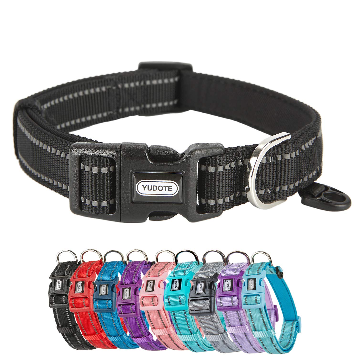 Petiry Reflective Nylon Dog Collar with Breathable Neoprene Padding,Adjustable for Large Dogs.(Neck 17"-26.3",Black)