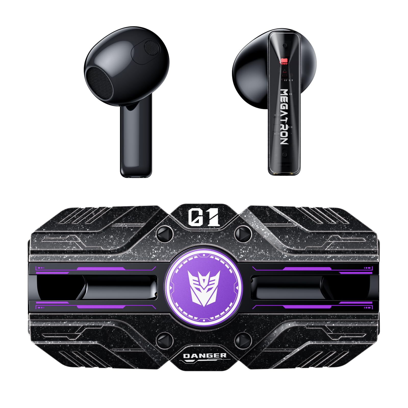 Transformers Megatron TF-T80 Bluetooth Wireless Earbuds Noise Cancelling in-Ear Cool HiFi Calling Dual Modes Sports Long Endurance Earphones with Fingertip Fidget Spinner (Black - Megatron)