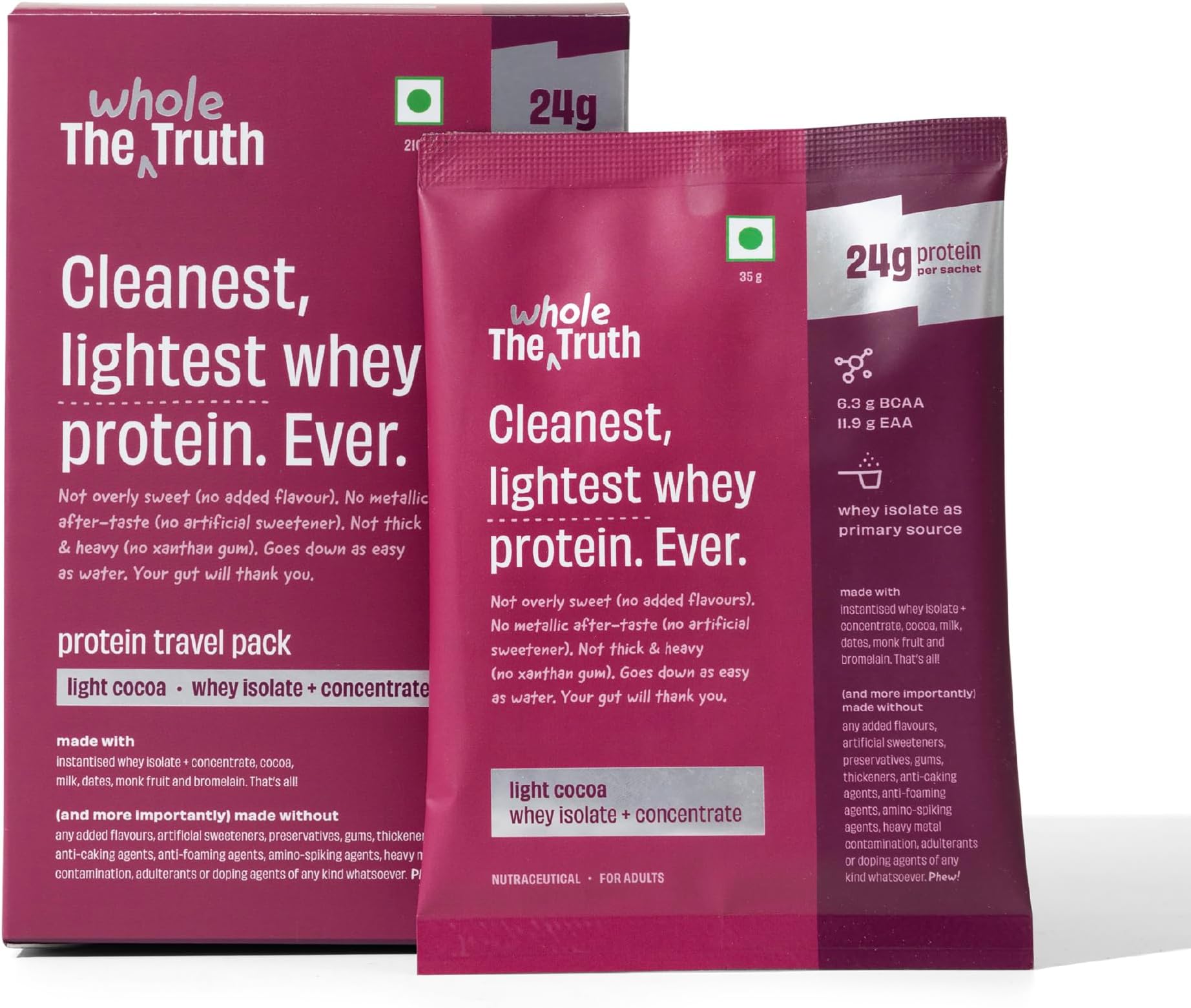 Whey Protein Isolate+Concentrate | Light Cocoa 210g (Pack of 6) | 24g Protein/Sachet 6.6g BCAA | 100% Authentic & No Adulteration | Clean, Light & Easy to Digest | Sample & Travel Pac