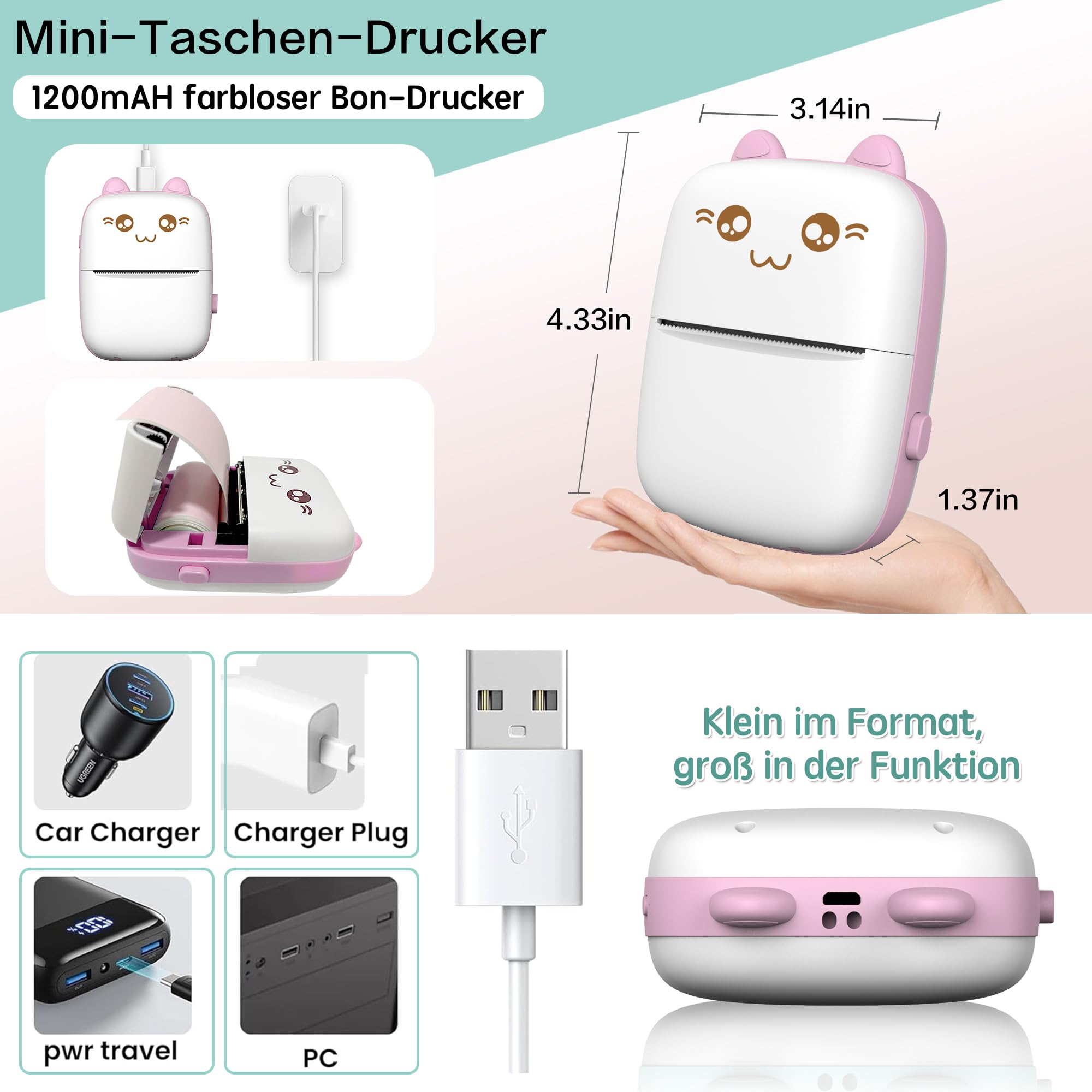 Mini Stampante Portatile Bluetooth, Stampante Termica Fotografica Rosa JEPEErbz
