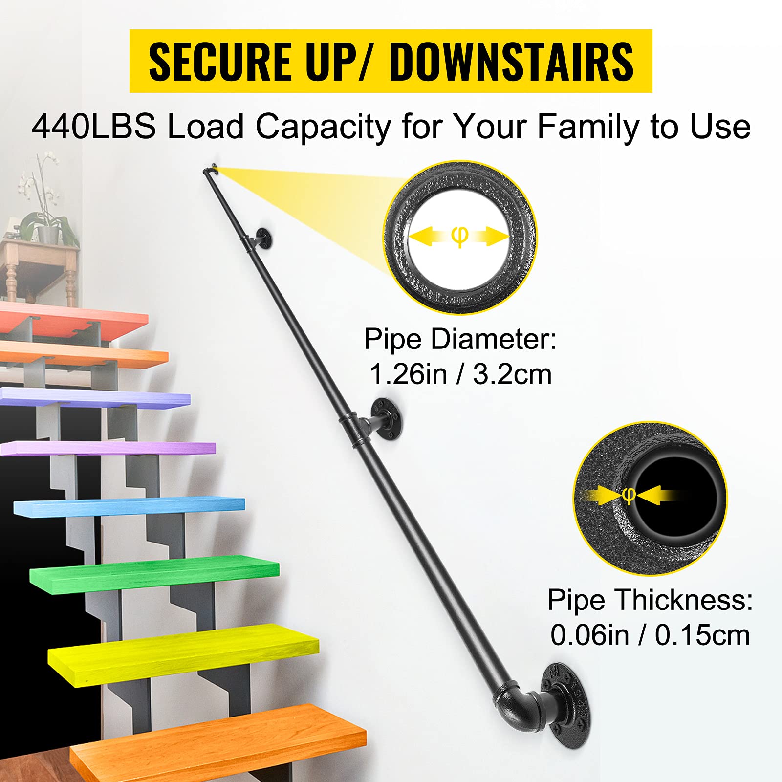 VEVOR Pasamanos Escalera 270 cm Pasamanos de Pared Acero al Carbono Acabado Mate Carga 200 kg Pasamanos Estilo Industrial Ø32 mm Pasamanos Montaje en Pared Kit Completo Negro para Interior y Exterior