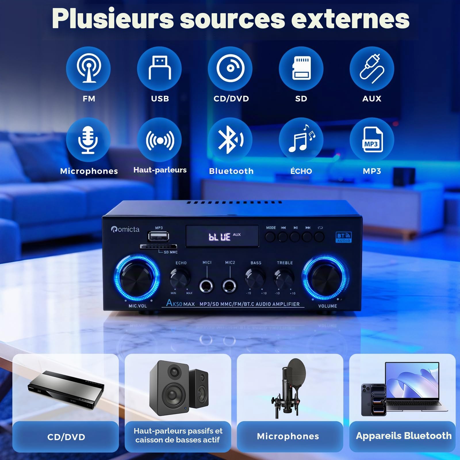 Romicta Amplificateur Audio Stéréo 800W, Bluetooth 5.0 | Radio FM, Lecteur USB/SD, Entrée AUX, 2 Micros avec Echo | Télécommande pour Home Cinéma et Maison