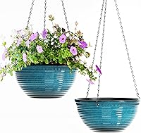 Vanslogreen 2 Pack 10 Inch Glazed Hanging Planters with Drainage Holes & Chains - Indoor Outdoor Blue Flower Pots