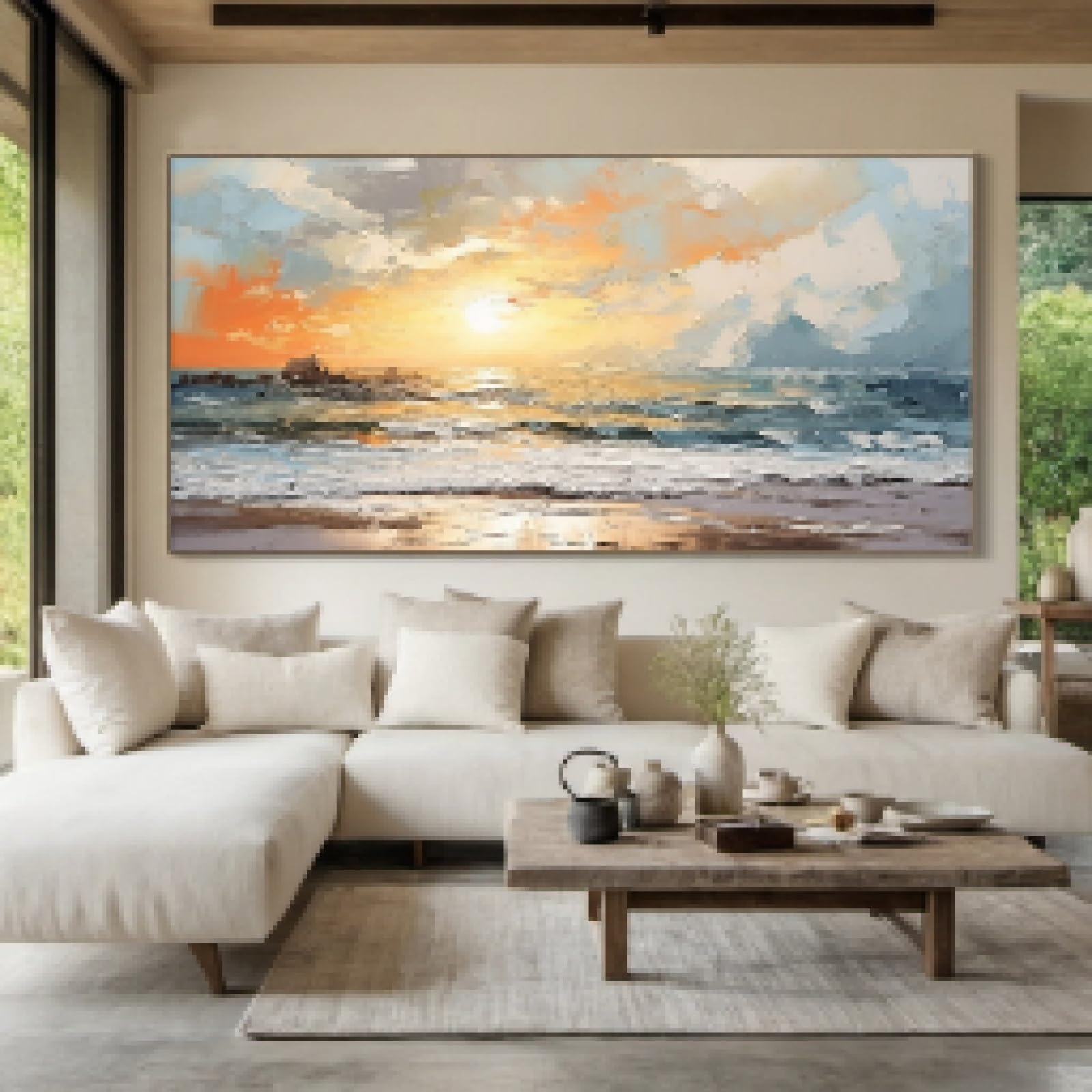 lianyibo Dipinto su tela con onde dell'alba sull'oceano, paesaggio marino astratto, decorazione da parete per soggiorno, camera da letto o arredamento ispirato alla costa, 80x160 cm, senza cornice.