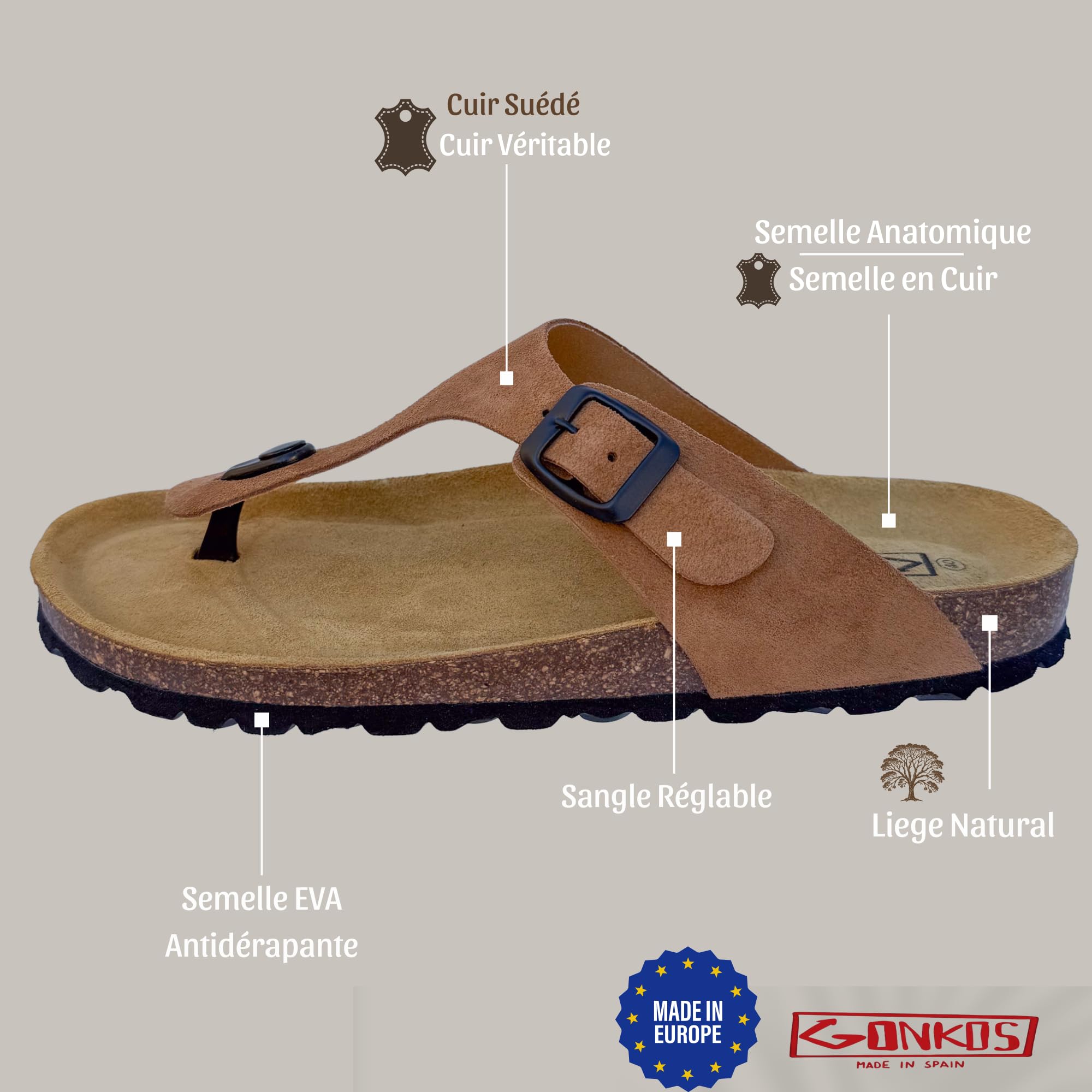 Sandales en cuir, Semelle anatomique en liège, Tongs Cuir véritable, Liège naturel, Mules en cuir, Tongs Unisexe, Semelle antidérapante en EVA, Sandale de qualité fabriquée en Espagne