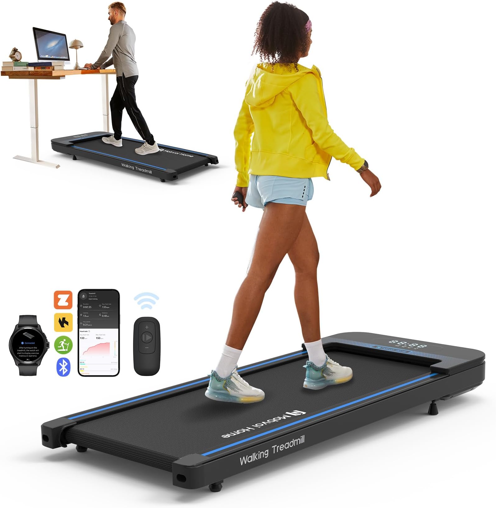 Mobvoi Walking Pad Under Desk Treadmill Portable Small 2 in 1 Treadmills for Home and Office Walking Jogging Running Machine Zwift Kinomap with LED Display Remote Control 4 MPH Easy Storage