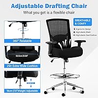 Vista 7 de Silla de dibujo ergonómica alta para escritorio de pie, cojín extra ancho de 21 pulgadas, brazos ajustables, ruedas de bloqueo de presión, malla