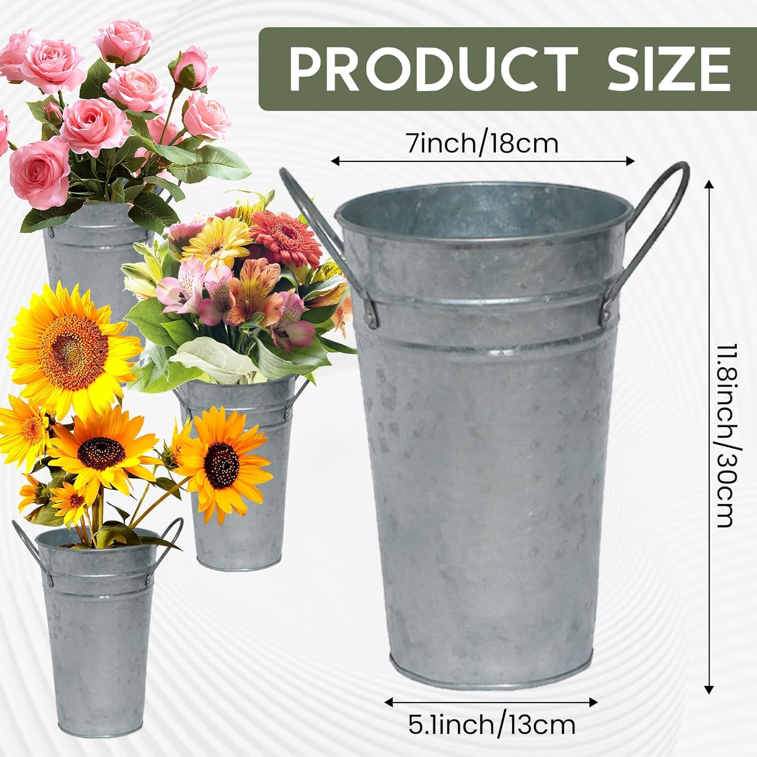 6 Pcs 12 Inch Galvanized Metal Vases Farmhouse French Tall Flower Bucket with Handles Metal Floral Container Vintage French Flower Containers for Party, Wedding Table Centerpiece Decorations