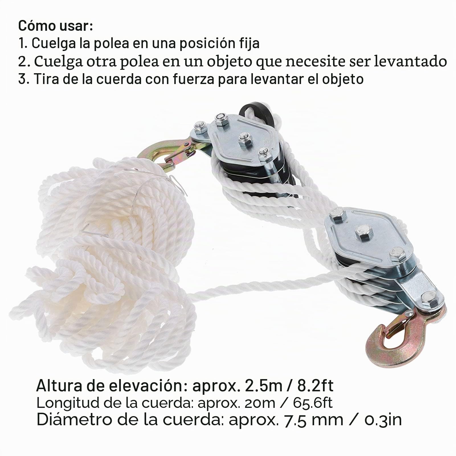 Polipasto de 4 vías con Cuerda de Nailon, Altura 2,5 m, Capacidad 2000 kg, polea de elevación y Gancho de Acero galvanizado