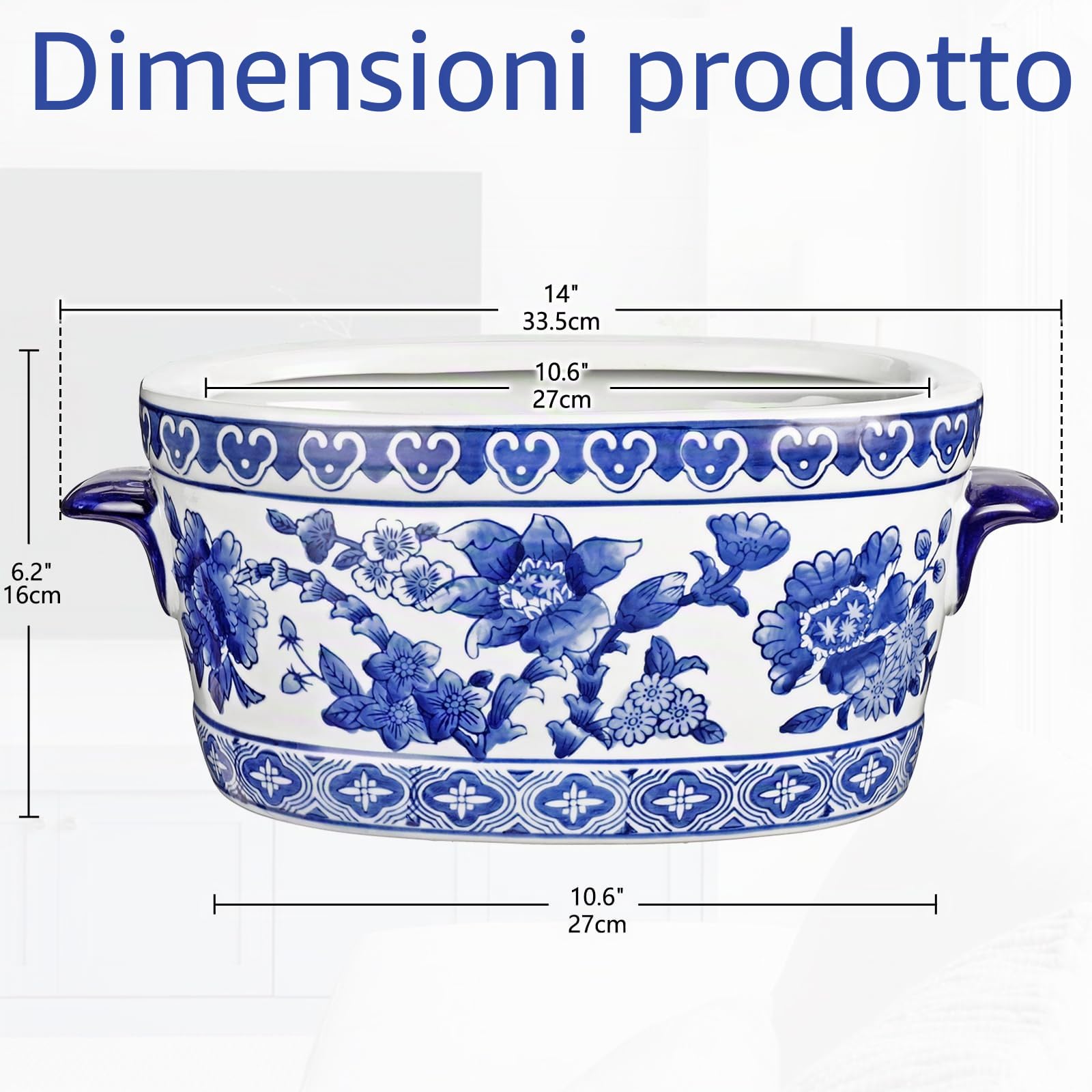 Vaso in ceramica blu e bianca – Vaso ovale in porcellana con motivo floreale – Vaso decorativo per piante da interno, orchidee e fiori artificiali, 27 cm