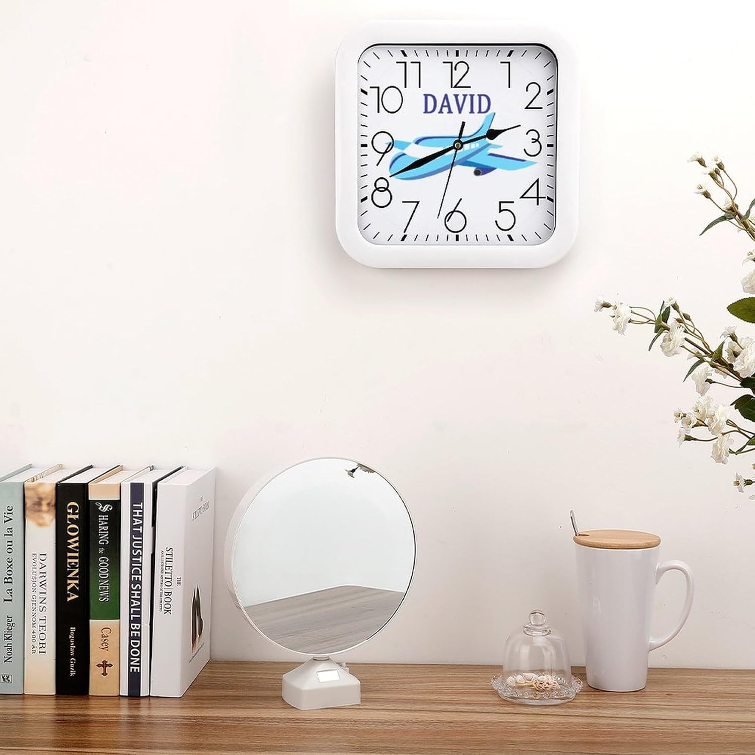 Custom Blue Airplane Rustic PVC Made Wall Clock, Kids Playroom Wall Decor Wall Hanging No Ticking Clock Decor Clock for Home/Kitchen/Bedroom/Living Room/Office/School 10"