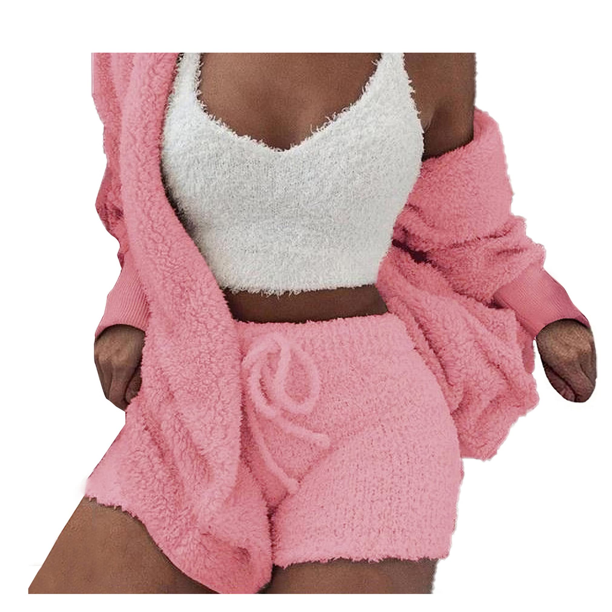 Famnbro Womens Sexy 3 Piece Pajamas Outfits Fuzzy Fleece Cardigan
