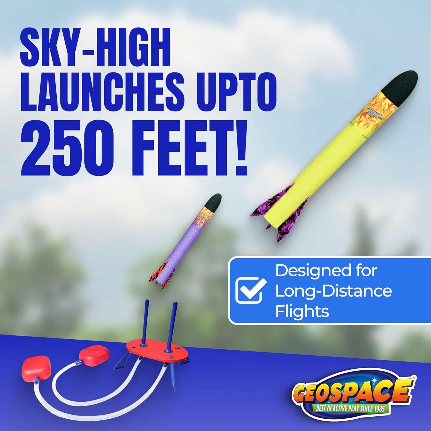 Geospace Jump Rocket Dueling Rockets Set for Kids with 2 Air Pumps, 2 Swivel Launch Tubes, Launch Pad & 6 Foam Rockets That Fly up to 250 feet! Great Outdoor Backyard Toy for Boys & Girls