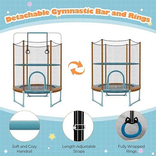 Miniatura 5 de Goplus Trampolín de 60 pulgadas para niños, trampolín 3 en 1 con barra de gimnasia, anillos oscilantes, red de seguridad elevada, trampolín