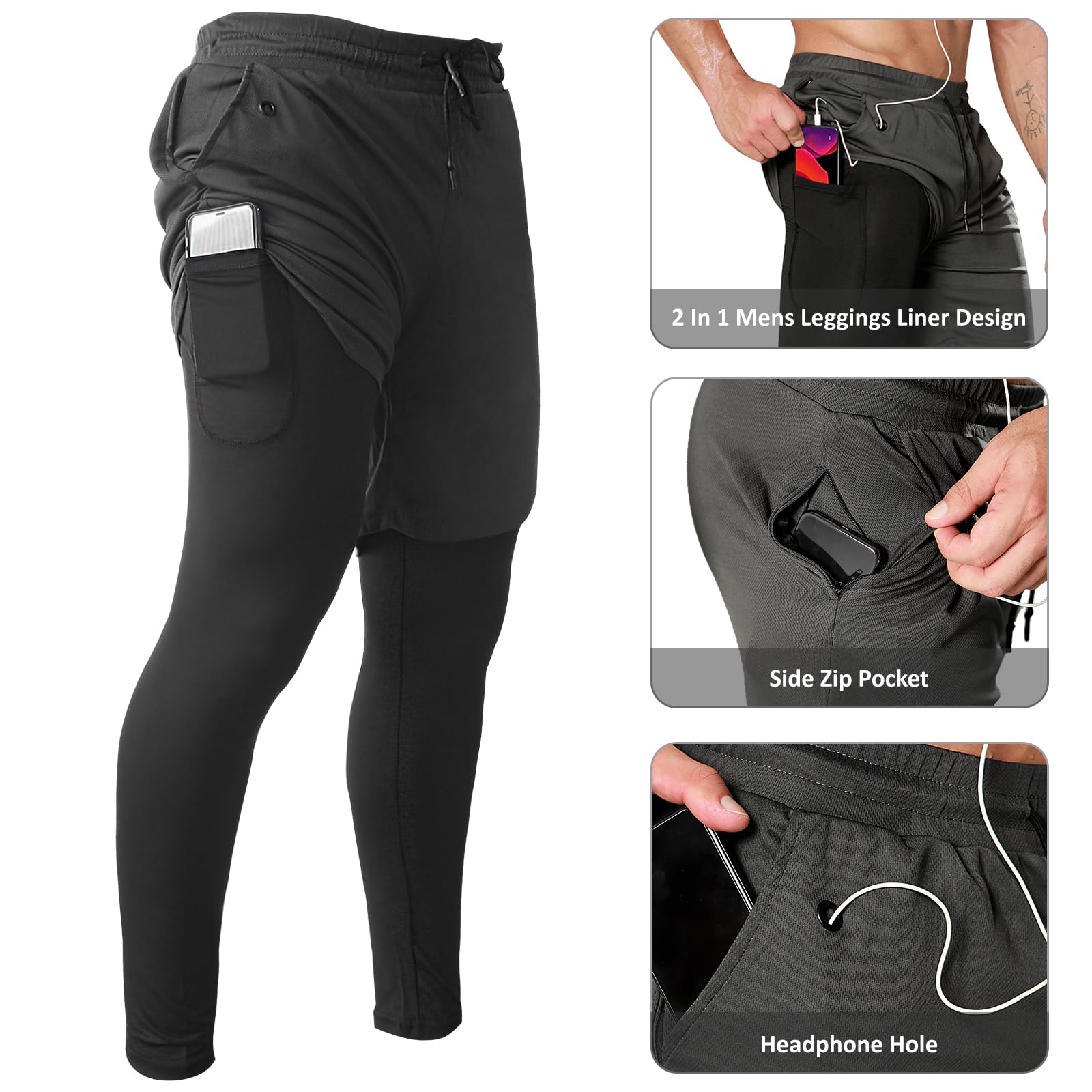 OEBLD Pantalones de compresión para Hombre, 2 en 1, Pantalones de Correr, Pantalones de Entrenamiento, Mallas de Gimnasio con Lazo para Toalla, Negro + Gris, Large