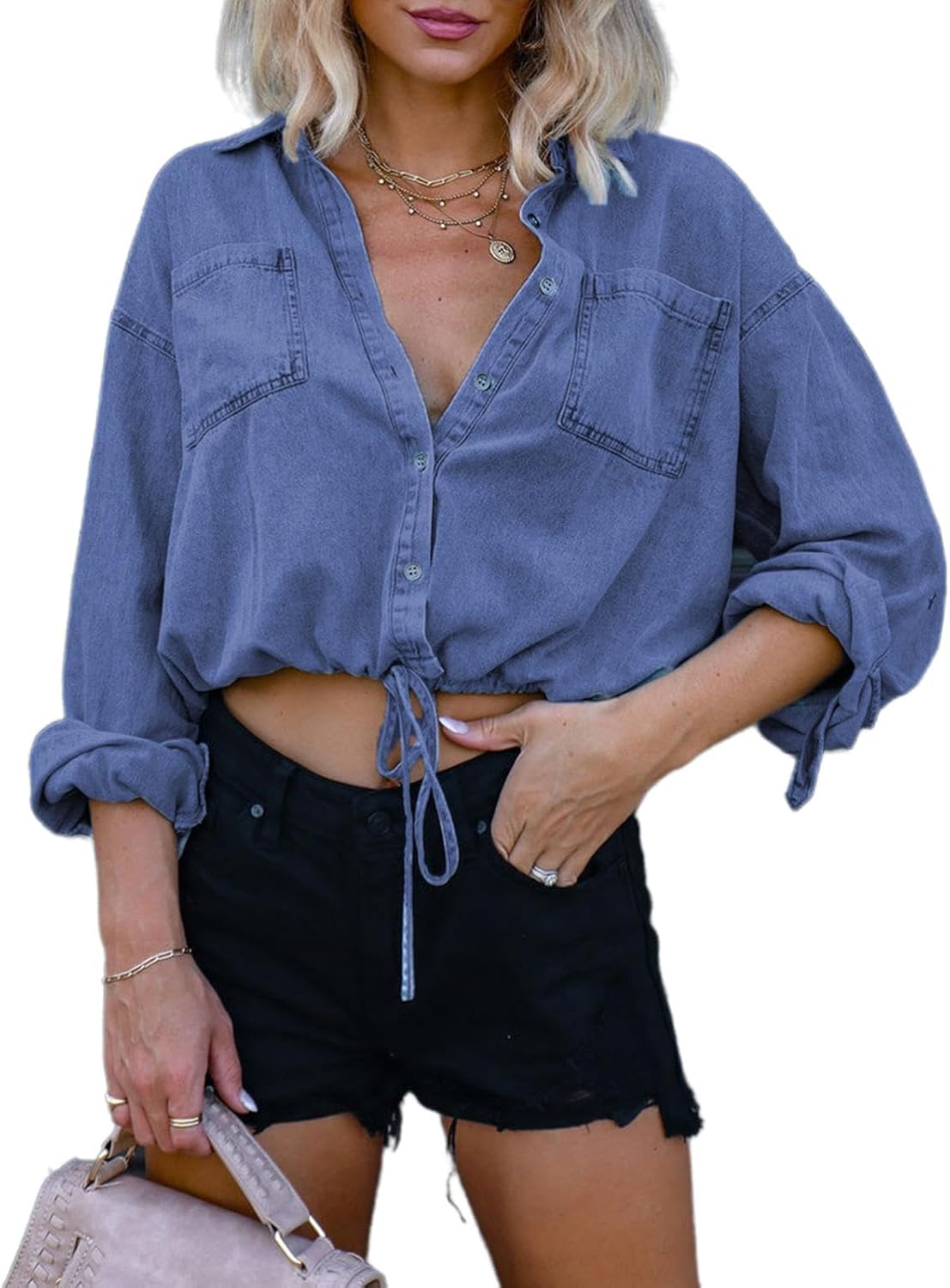 Women's Long Sleeve Denim Crop Top Jean Jacket Shirt Drawstring Cardigan