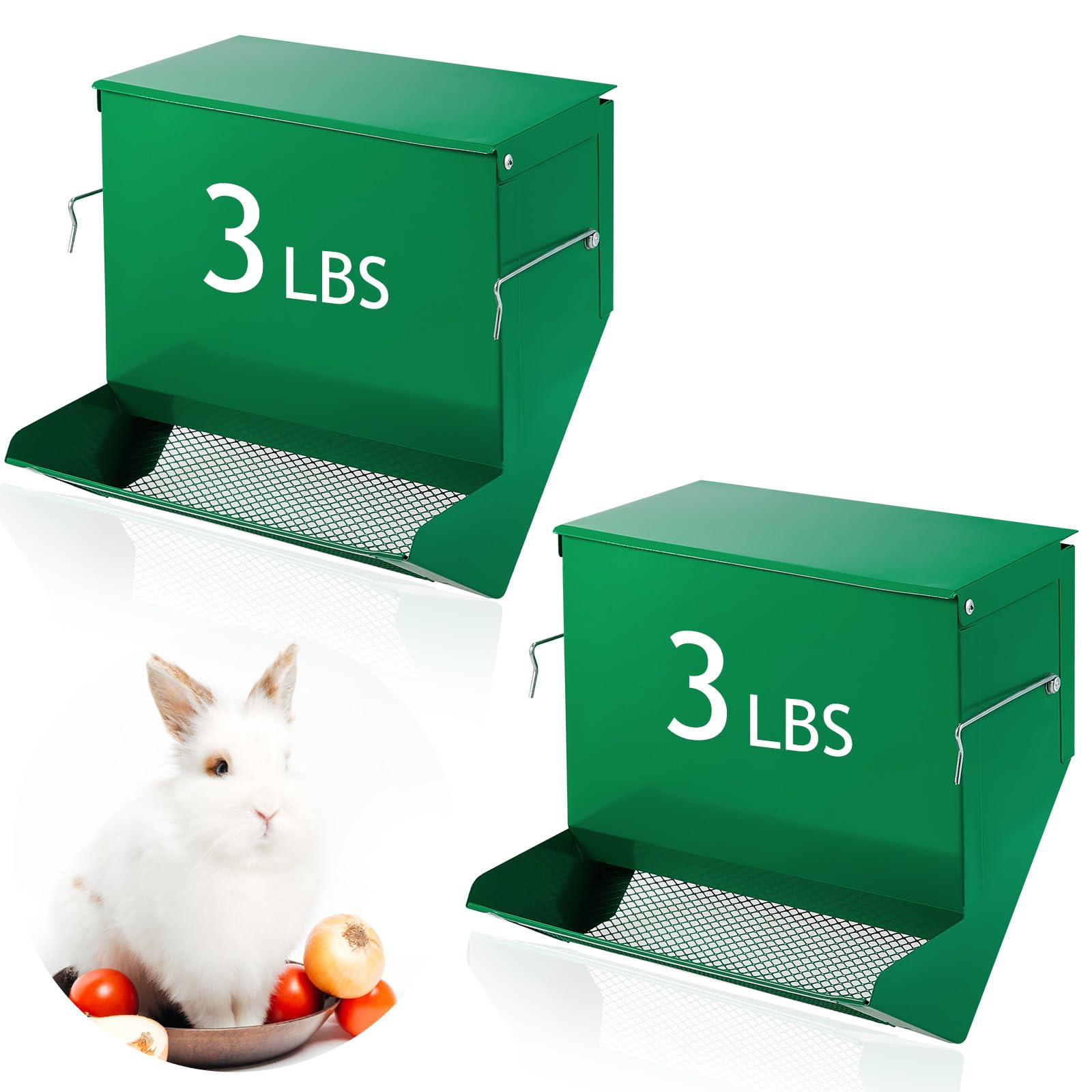 Maxcheck 2 Pcs Rabbit Feeder for Cages Small Animal Food Dispenser with Lid Metal Chicken Grit Oyster Shell Feeders Outside(7.7 Inches,Mesh Bottom,Green)