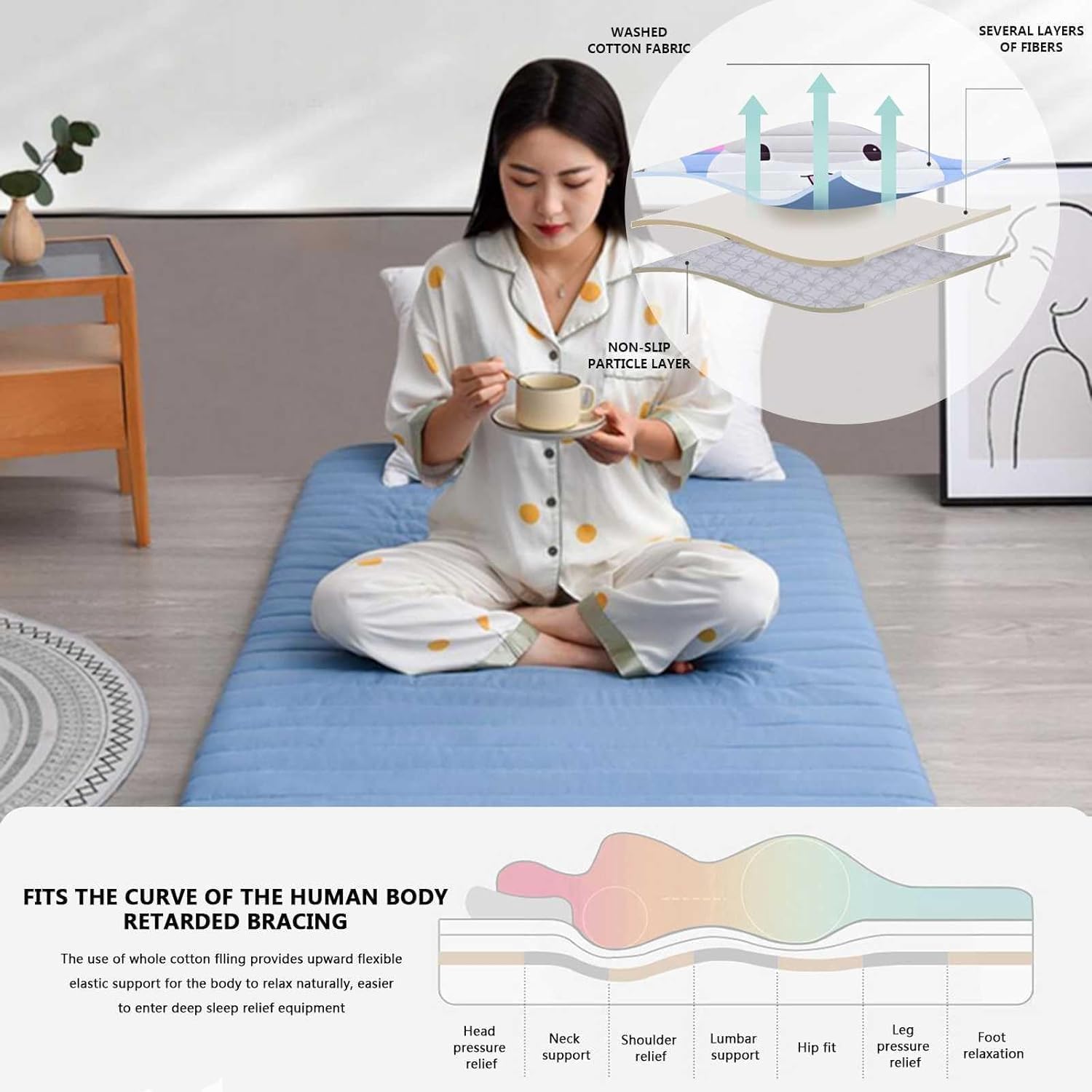 Matelas De Sol Simple avec Sac De Rangement sous Vide Réutilisable - Tapis De Tatami Japonais Matelas Futon en Coton Roulable Lit D'appoint Pliable Dortoir étudiant (90x190CM,Bleu)
