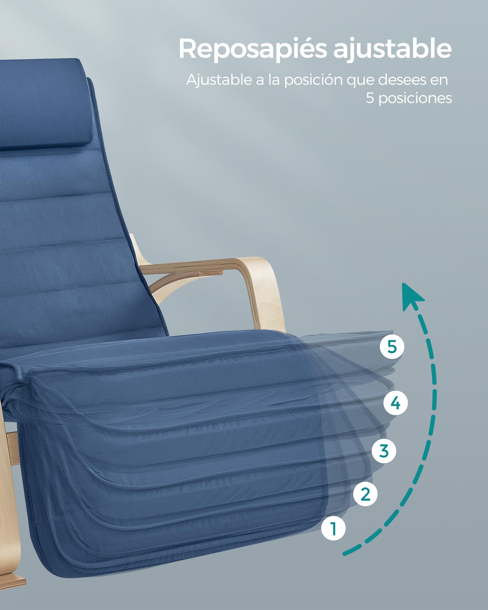 SONGMICS Silla Mecedora, con Apoyabrazos de Madera de Abedul, Silla Mecedora con Reposapiés Ajustable en 5 Posiciones, Máx. Carga de 150 kg, Dormitorio, Salón, Azul Medianoche y Natural LYY010Q01