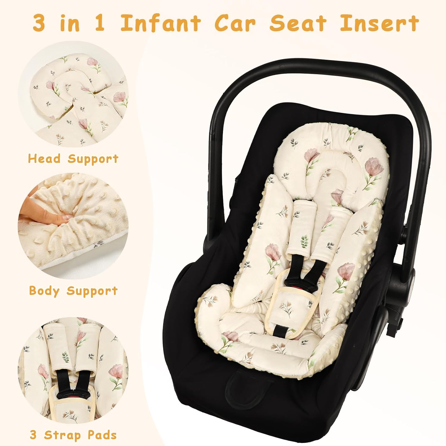 SWESEN Infant Car Seat Insert with 3 Strap Covers Set, Car Seat Head Support Baby for Girls, Soft 3 in 1 Baby Car Seat Cushion for Strollers, Bouncers, Swing, Simple Floral