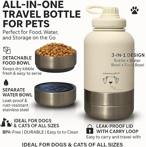Miniatura 3 de LOVE WAG & PLAY Botella de agua para perros de 32 onzas  Botella de viaje portátil 2 en 1 para mascotas con cuencos integrados, a prueba de fugas,