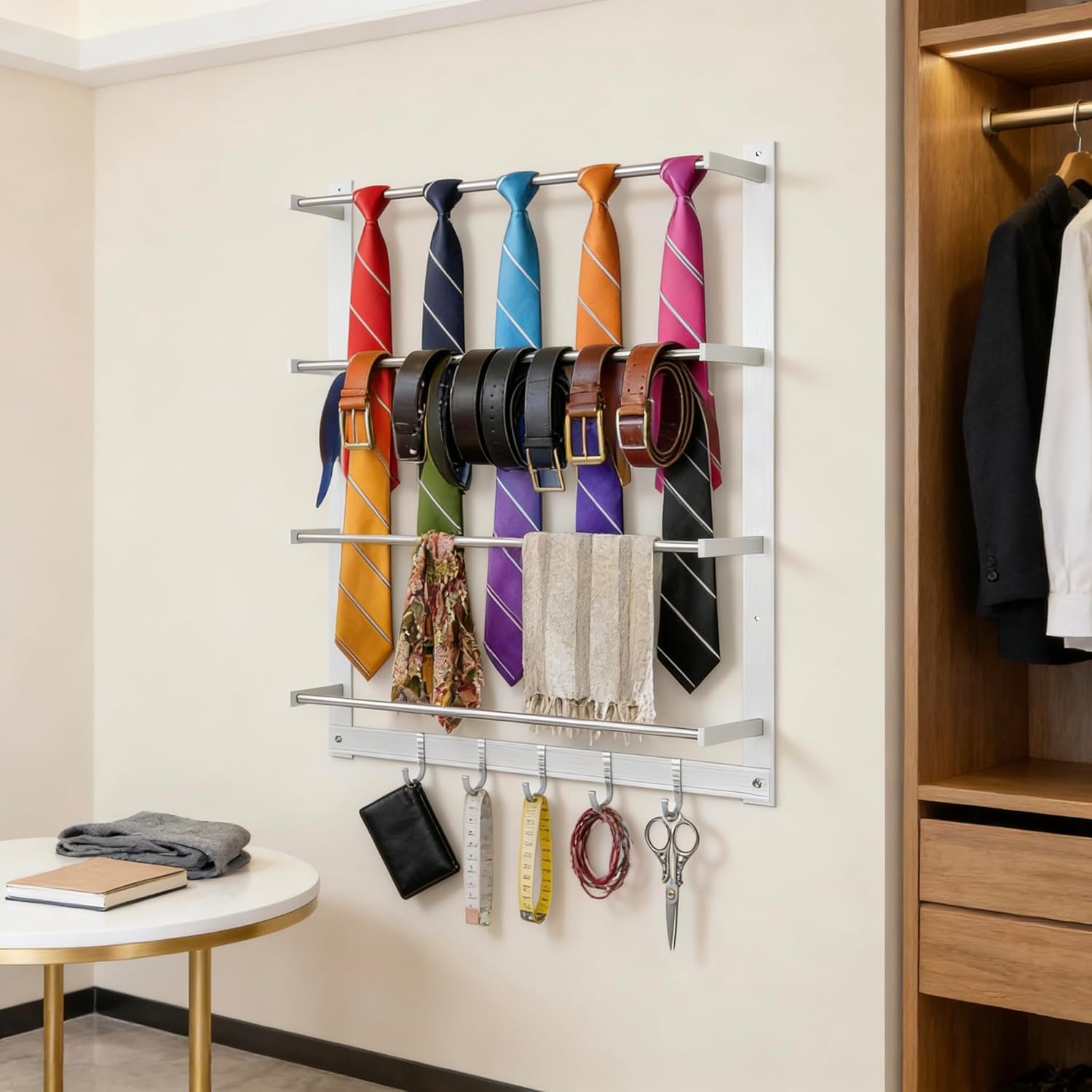 Wall-Mount Display Rack with 5 Hooks, Organizer Ribbon Holder Spool Roll Scarf &Tie Towel Storage Rack Sewing Craft Wrapping Paper Holder for Craft Room Retail Store Florist Home Bedroom