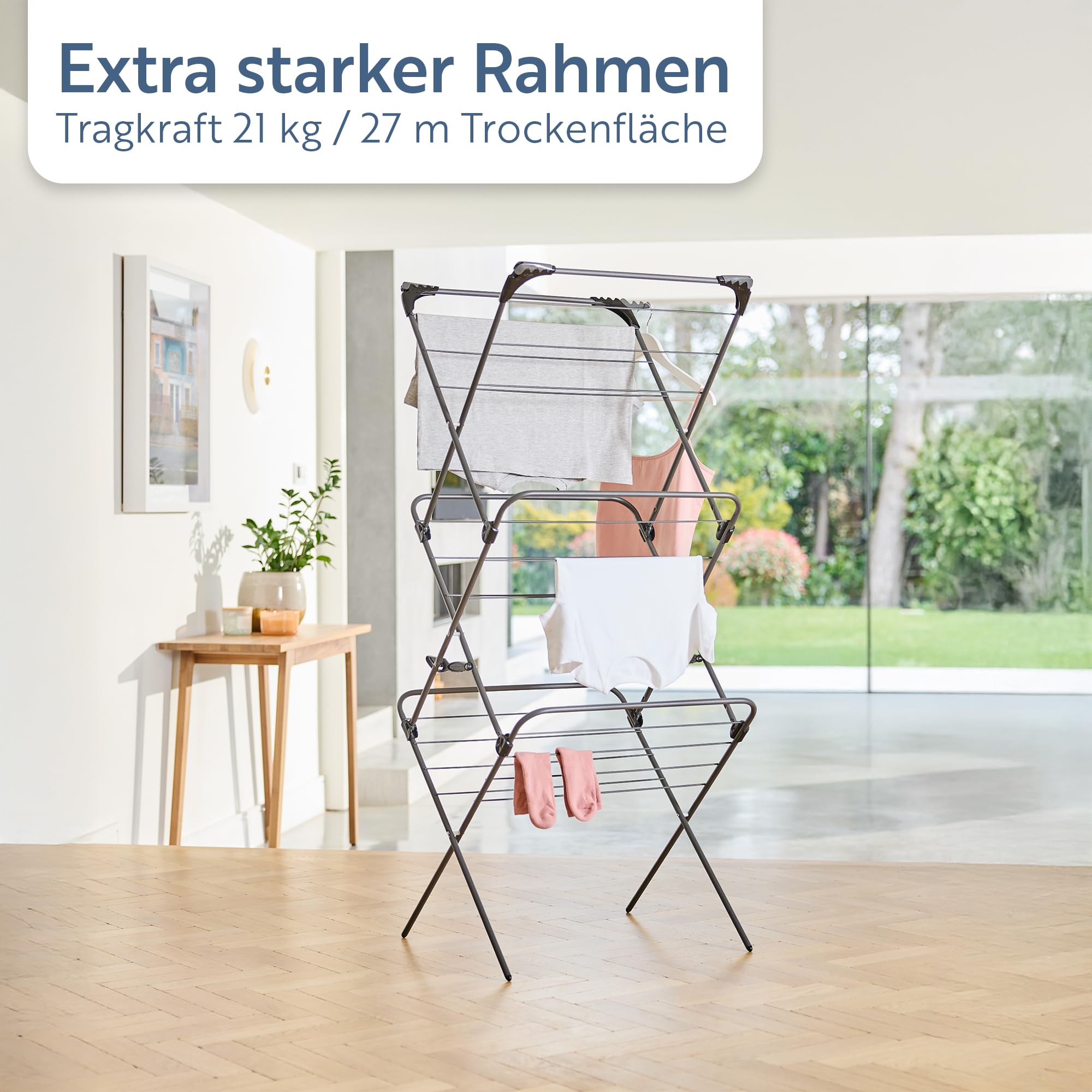Minky Premium Sure Grip 3-stufiger Wäscheständer, Innen- und Außenbereich, rutschfeste Stangen, klappbar, inklusive 4 Eckhaken