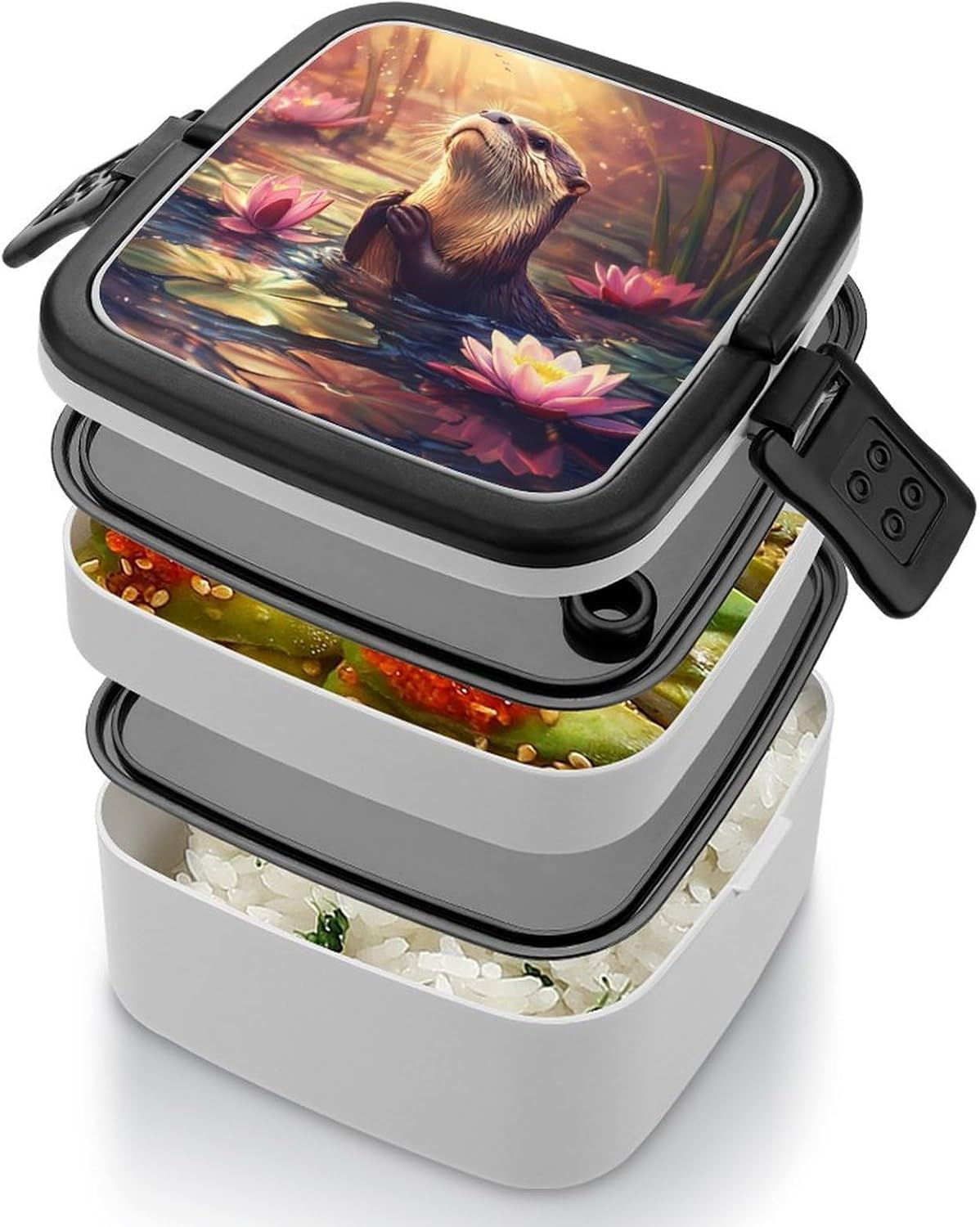 Otter Lotuses Bento Box with Spoon 2 Layer Food Container Cute Lunch Box for Travel Dining Work