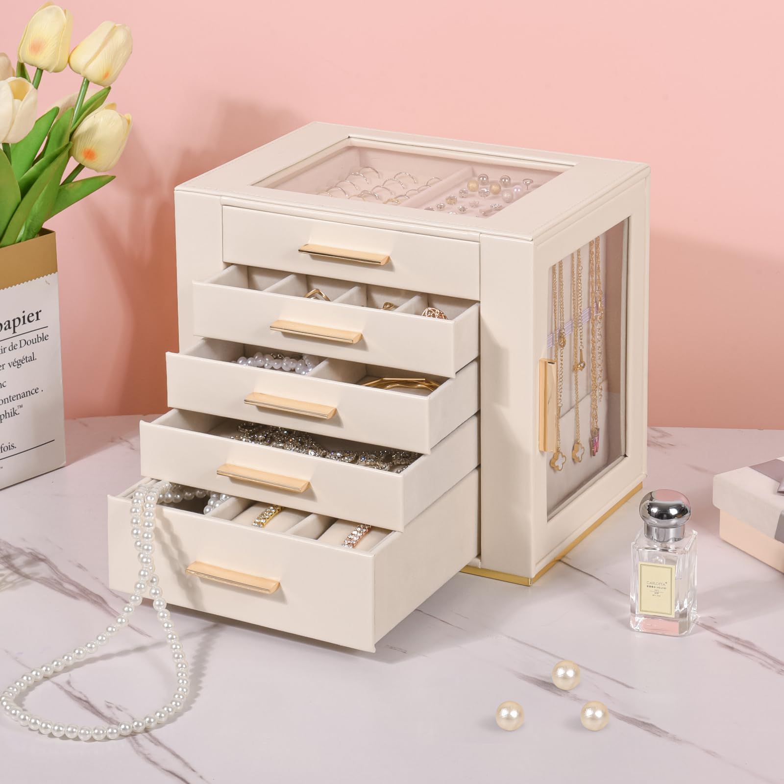 Schmuckkästchen Mädchen, Schmuckaufbewahrung Groß,Schmuck Organizer Schublade,Schmuckkasten mit Glasdeckel,Jewelry Box für Ohrringe,Uhren,Ringe,Schmuckschatulle für Weihnachten,Valentinstag