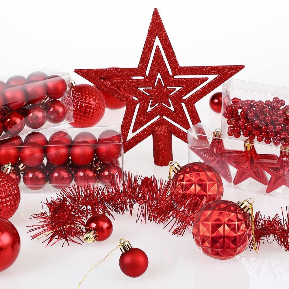 DEUBA® Bolas Árbol de Navidad Set Completo 66 Pzs. Adornos Decoración Brillante Mate Colgante Rojo