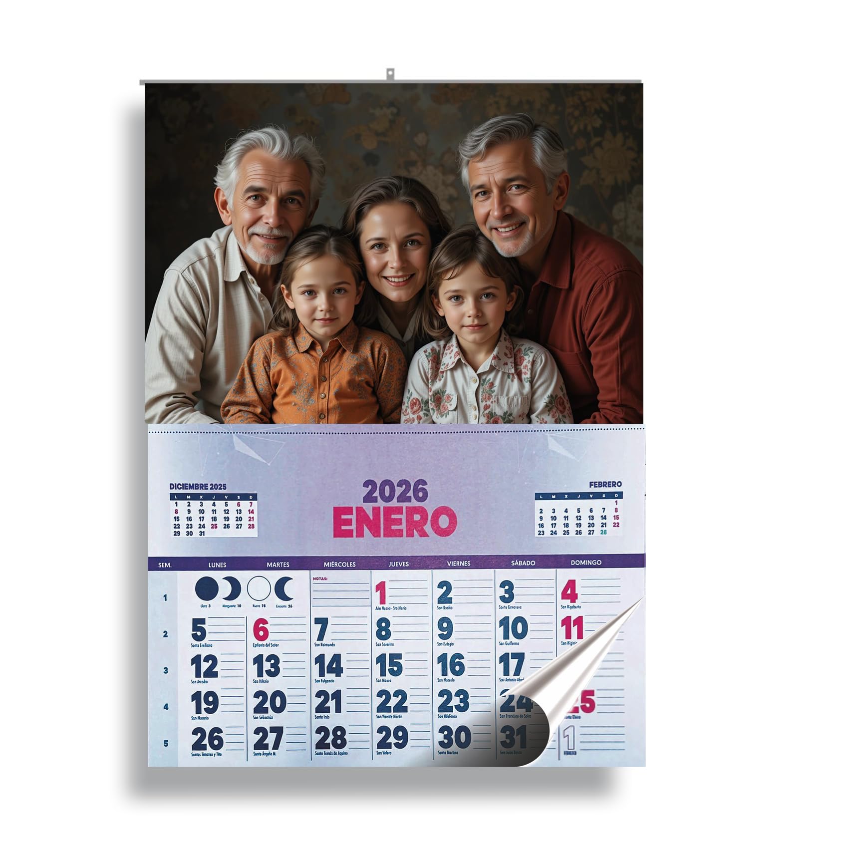 Calendario de pared personalizado 2026 – Lámina con tu fotografía o diseño y faldilla de 12 meses con espacio para notas (5 unidades (6€ unidad))
