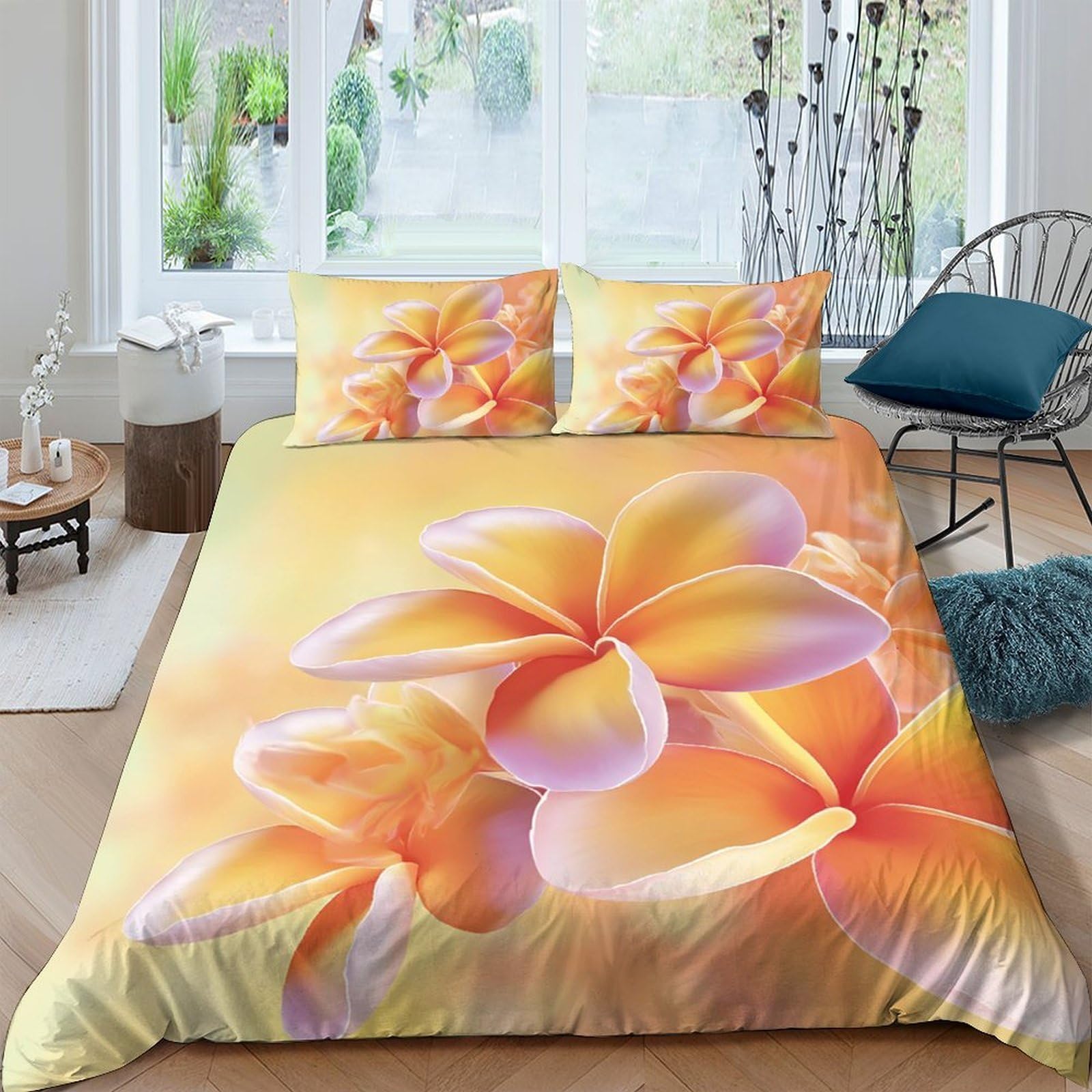 TUFRTGYHN 3D Printed Plumeria Flower Duvet Cover Microfiber Soft Breathable Yellow Bedding Set with 2 Pillowcases for Bedroom Decor Single（135x200cm）