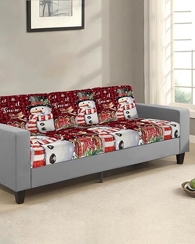 Miniatura 2 de Wowouhiya Christmas Couch Cushion Covers, Stretch Sofa Cover with Elastic Bottom, Xmas Snowman Birds Winter Snowflake Red Black Plaid Sofa