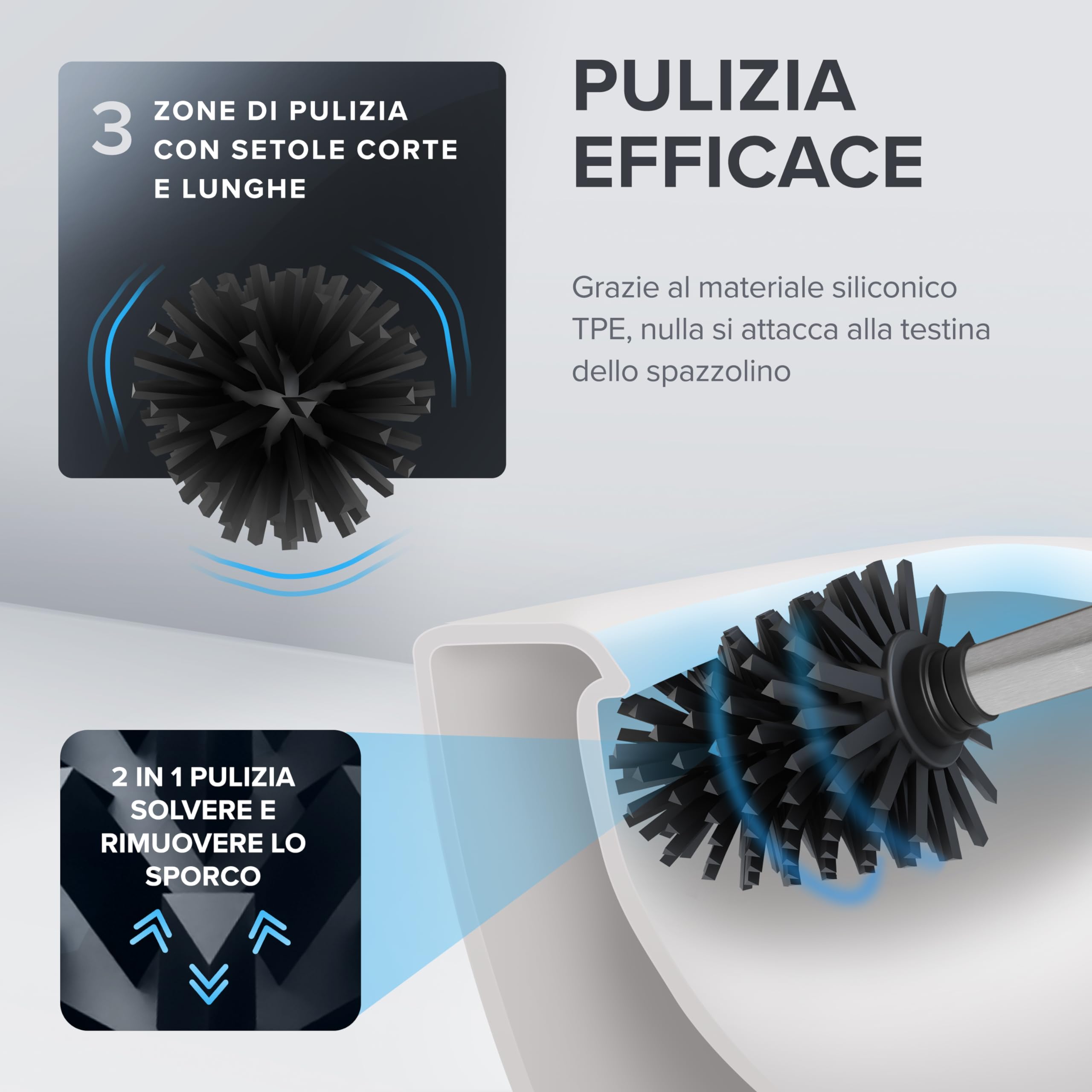 ovimar spazzola di ricambio Vesborg |set di 2 manici e 2 testine | argento | manico in acciaio inox | spazzola per WC con testina in silicone in nero | spazzola per WC con testina sostituibile