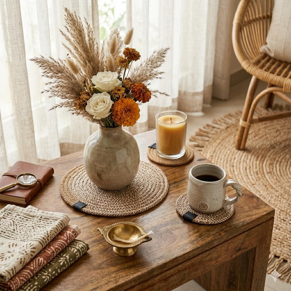 SAPROSE® Retro Trivets Polypropylene 3 Pc Round with Basket Holder, Braided Pot Mat, Side Table Mat, Machine Washable Small Place Mat for Casserole for Dining Table (9 inch Dia) (Beige) 3