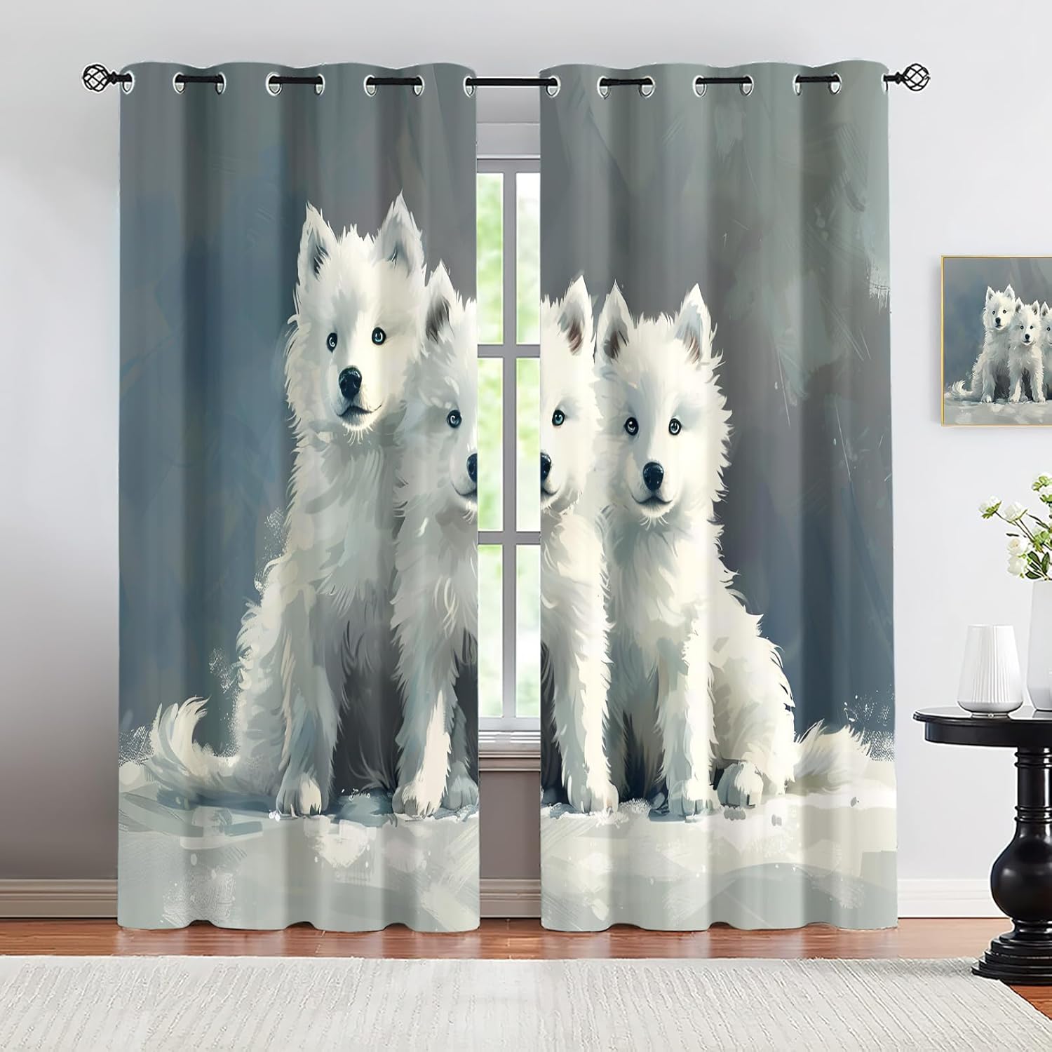 West Highland White Terrier Window Treatments 63 inch Length 2 Panels Set, Nordic Light Luxury Blackout Curtains, Kids Grommet Thermal Curtains for Kitchen, Dog Lovers Home Decor Window Drapes