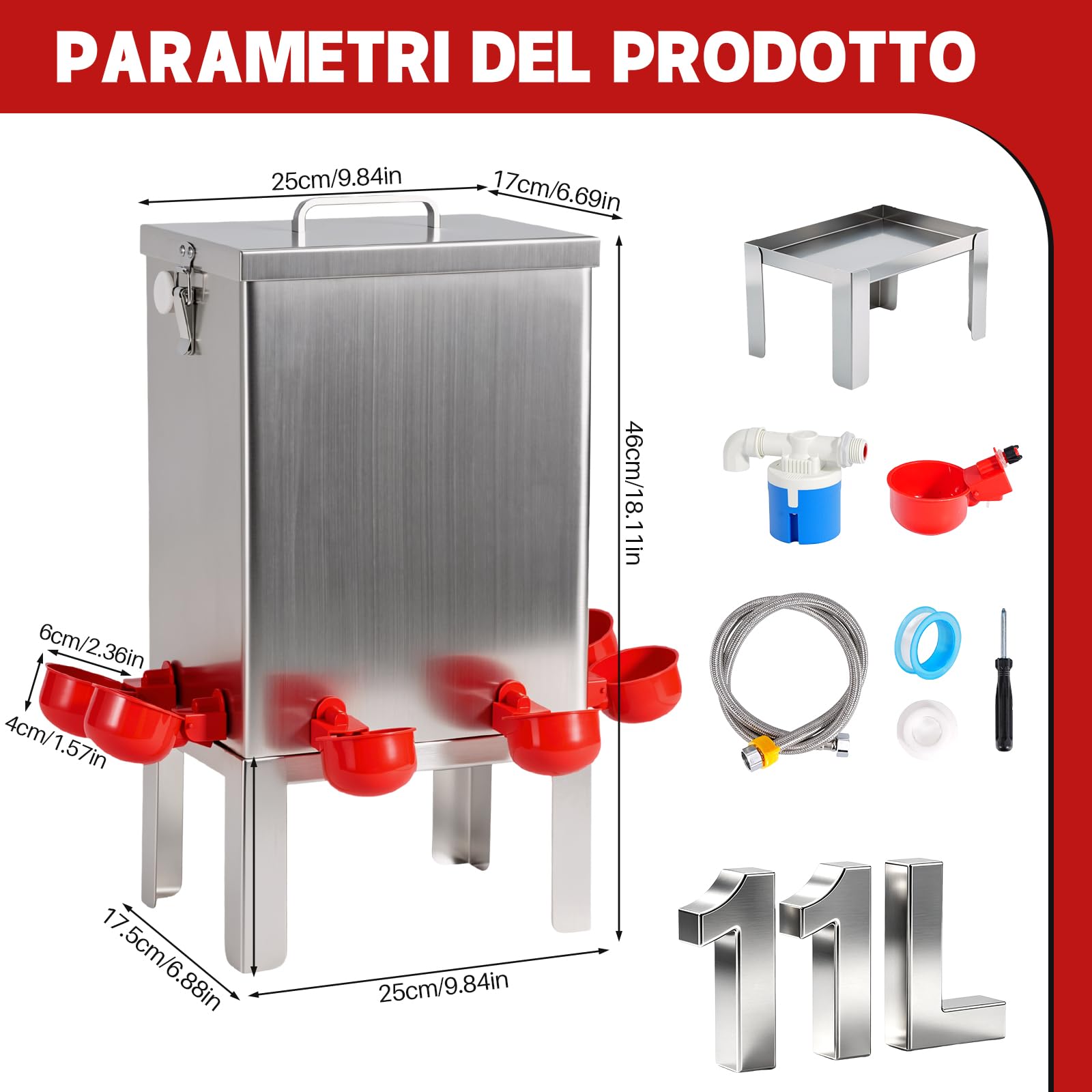 Abbeveratoio Automatico per Pollame in Acciaio Inossidabile 10L, con Valvola a Galleggiante, Ciotole, Supporto da Pavimento e Tubo | Adatto a Polli, Quaglie, Anatre, Oche e Tacchini