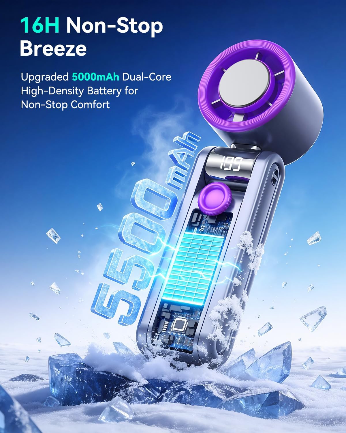 Portable Foldable Fan with Ice Cooling, 199 Speed Adjustable Handheld Fan Stand, 5500mAh Rechargeable Personal Fan with Digital Display and Lanyard, Summer Essential for Travel, Office, Outdoor,Grey